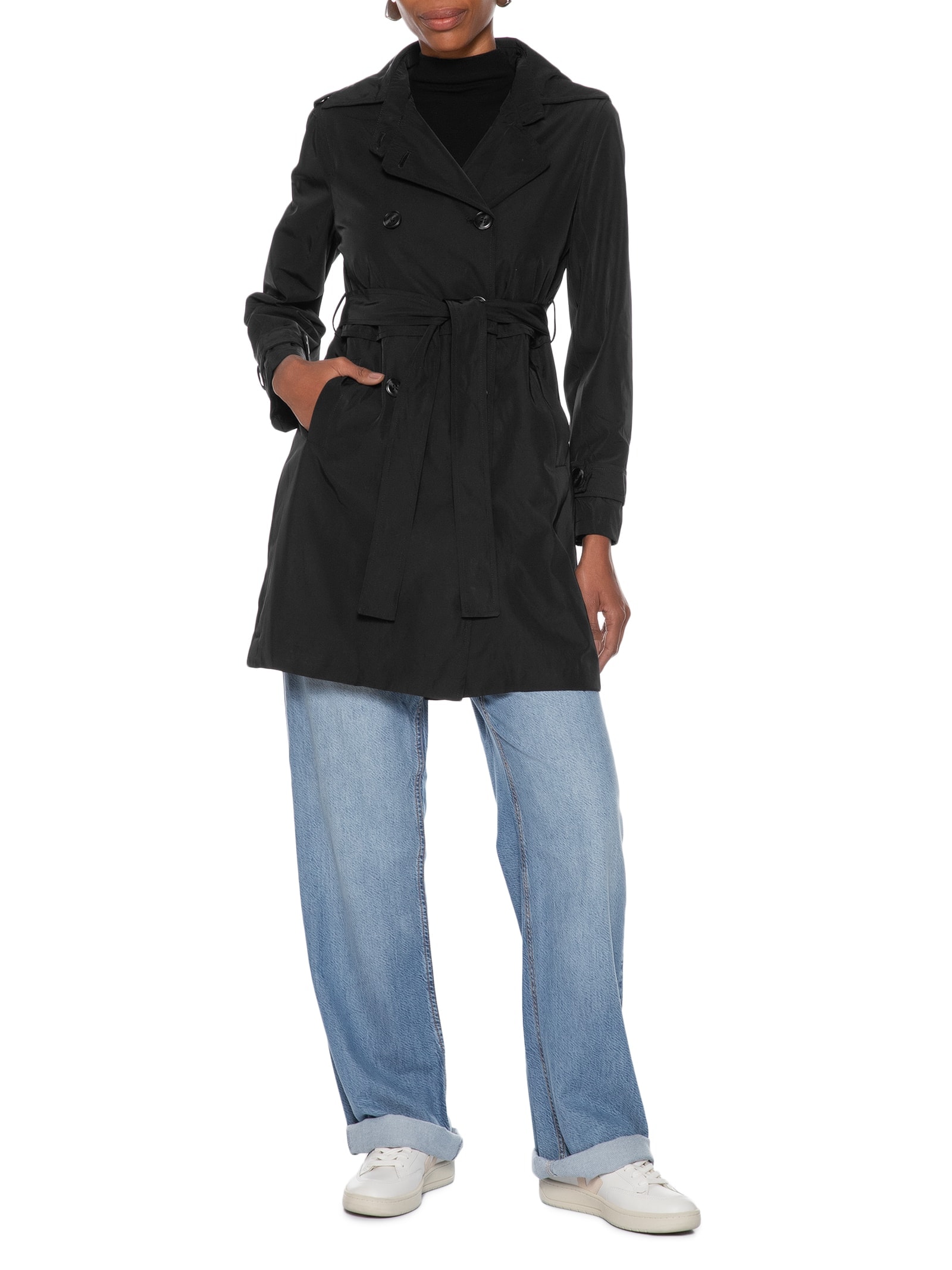 Casaco Trench Coat Feminino Alongado Destacável Preto Basiq