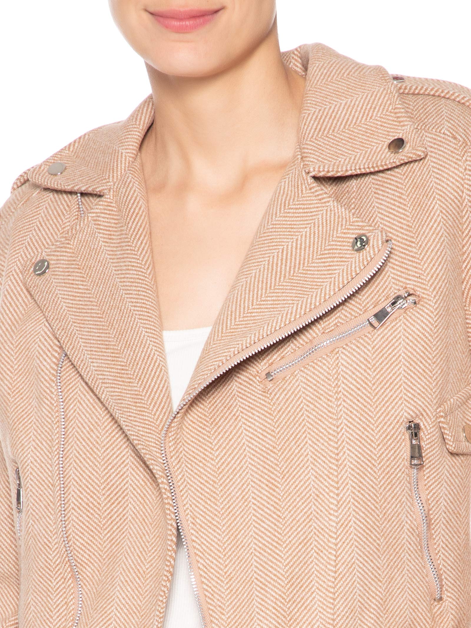 Casaqueto Feminino Com Zíper Diagonal Bege Market 33