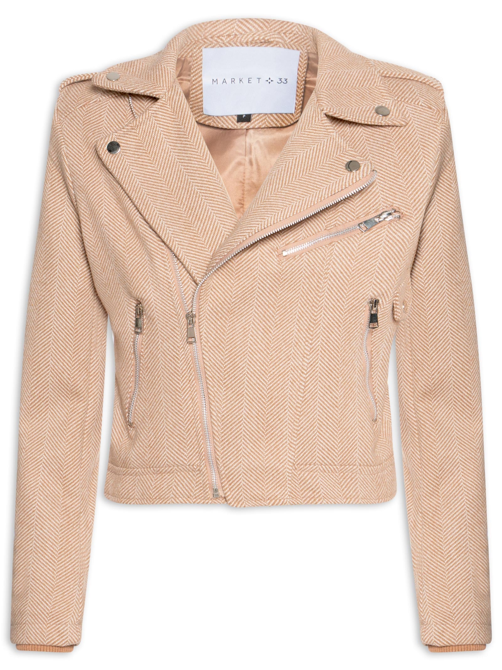 Casaqueto Feminino Com Zíper Diagonal Bege Market 33