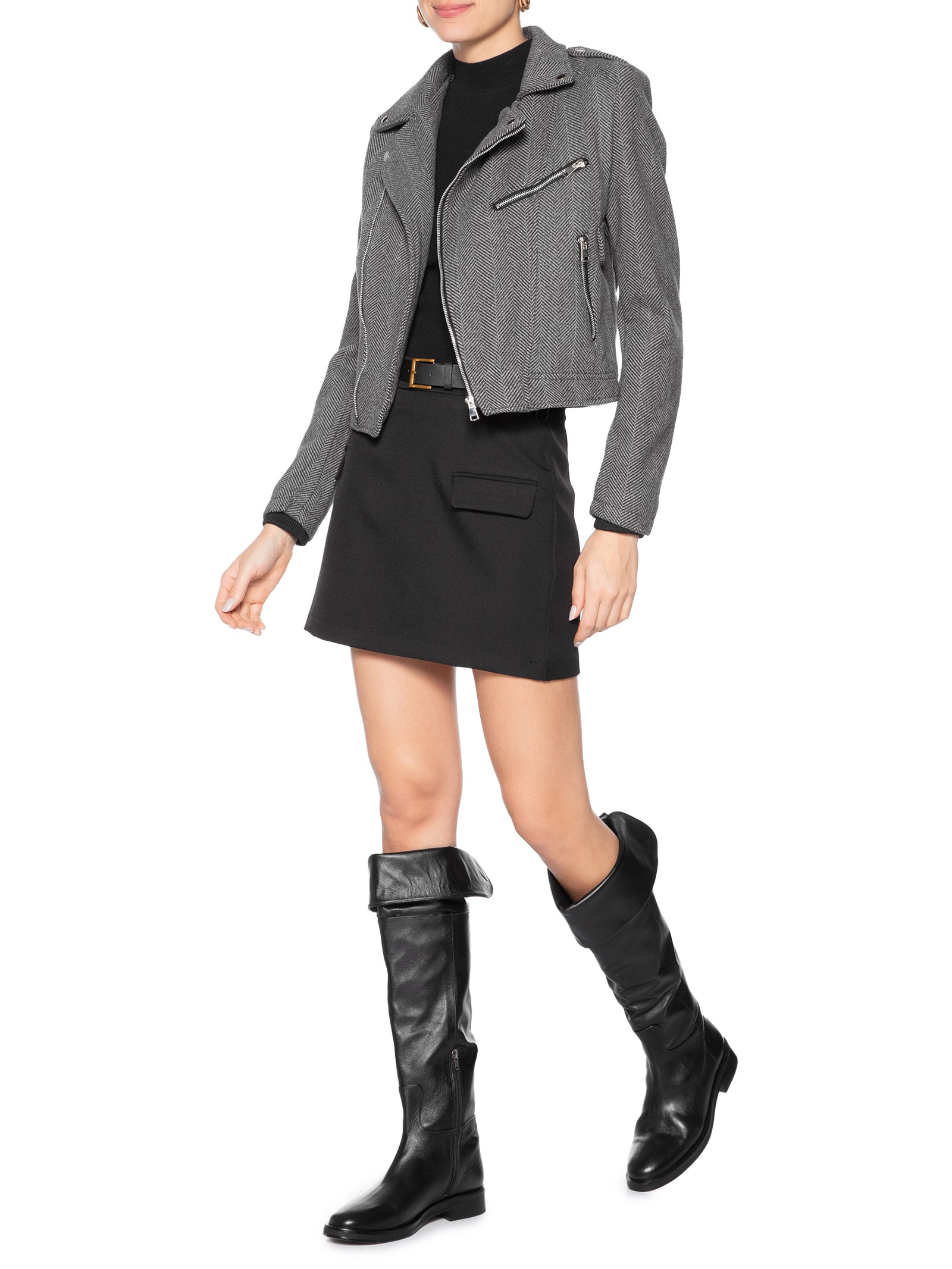 Casaqueto Feminino Com Zíper Diagonal Cinza Market 33