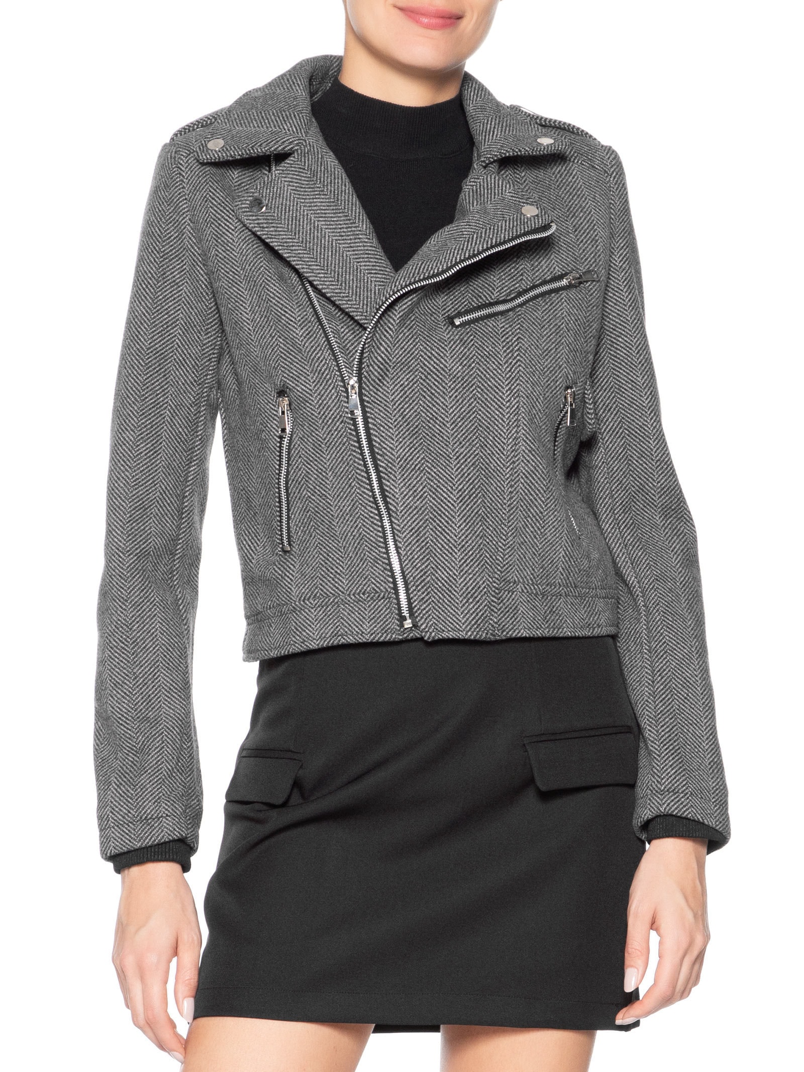Casaqueto Feminino Com Zíper Diagonal Cinza Market 33