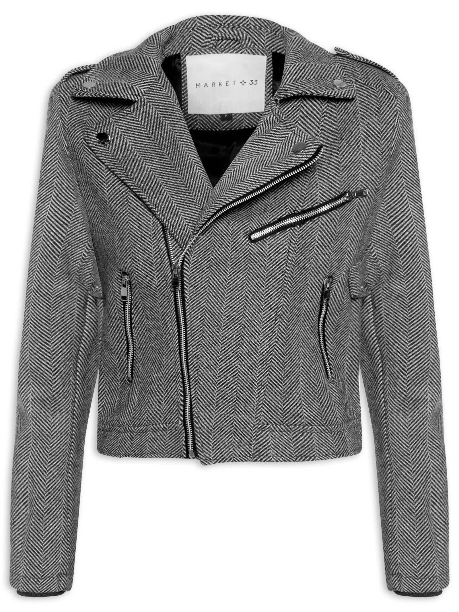 Casaqueto Feminino Com Zíper Diagonal Cinza Market 33