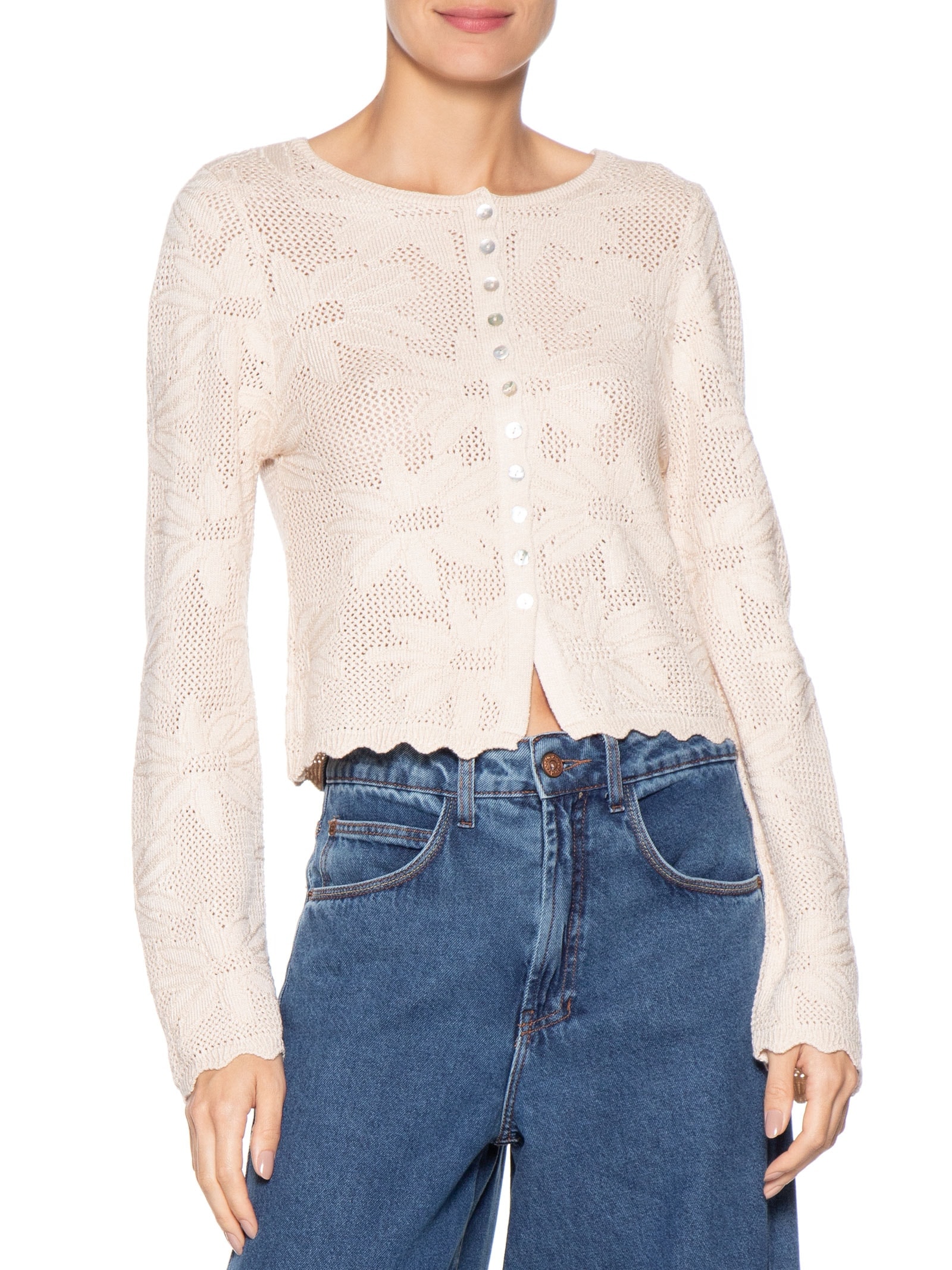 Casaqueto Feminino Tricot Jacquard Floral Off White Dress To