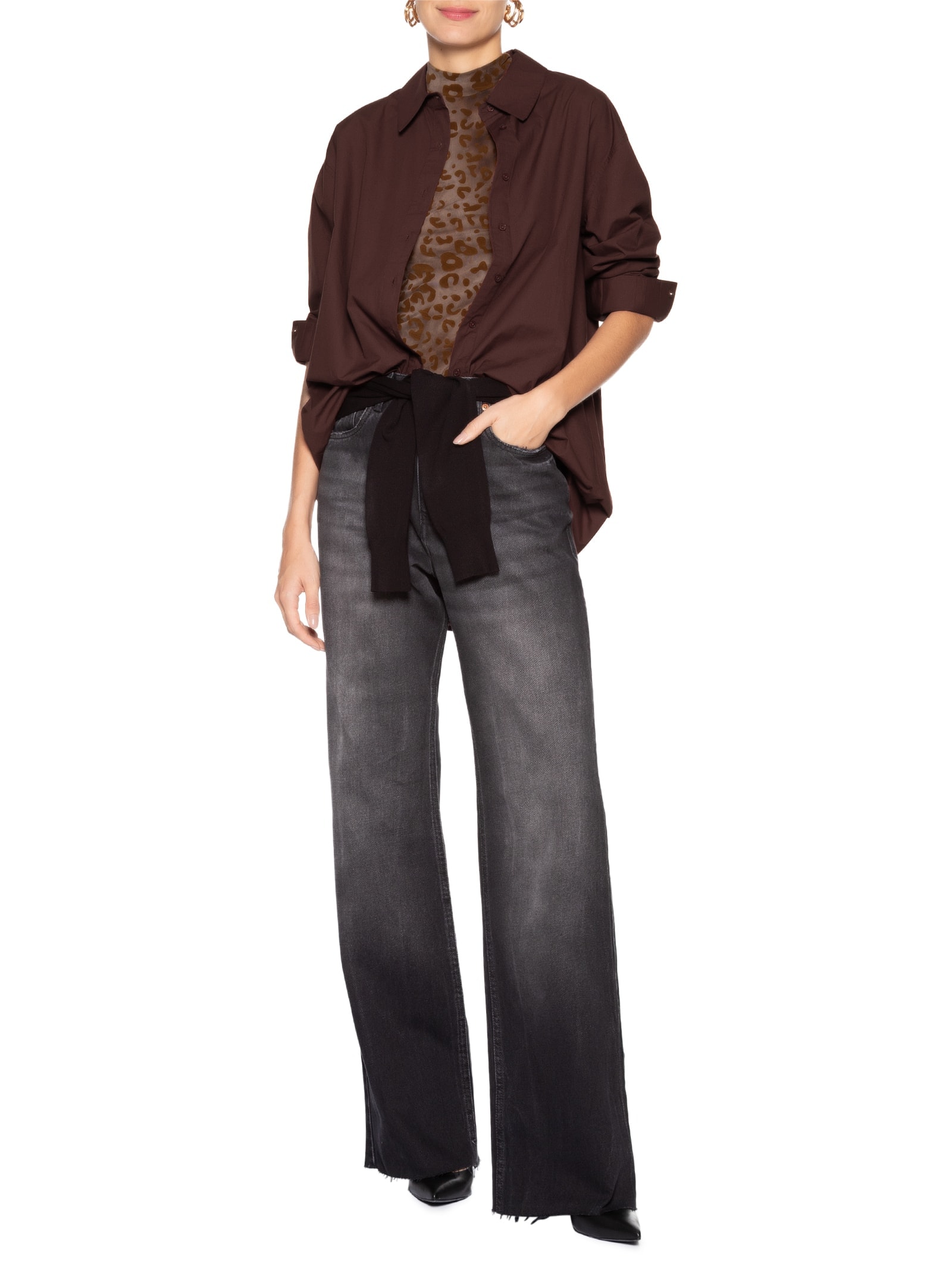 Chemise Feminina De Tricoline Curta Marrom Animale Jeans