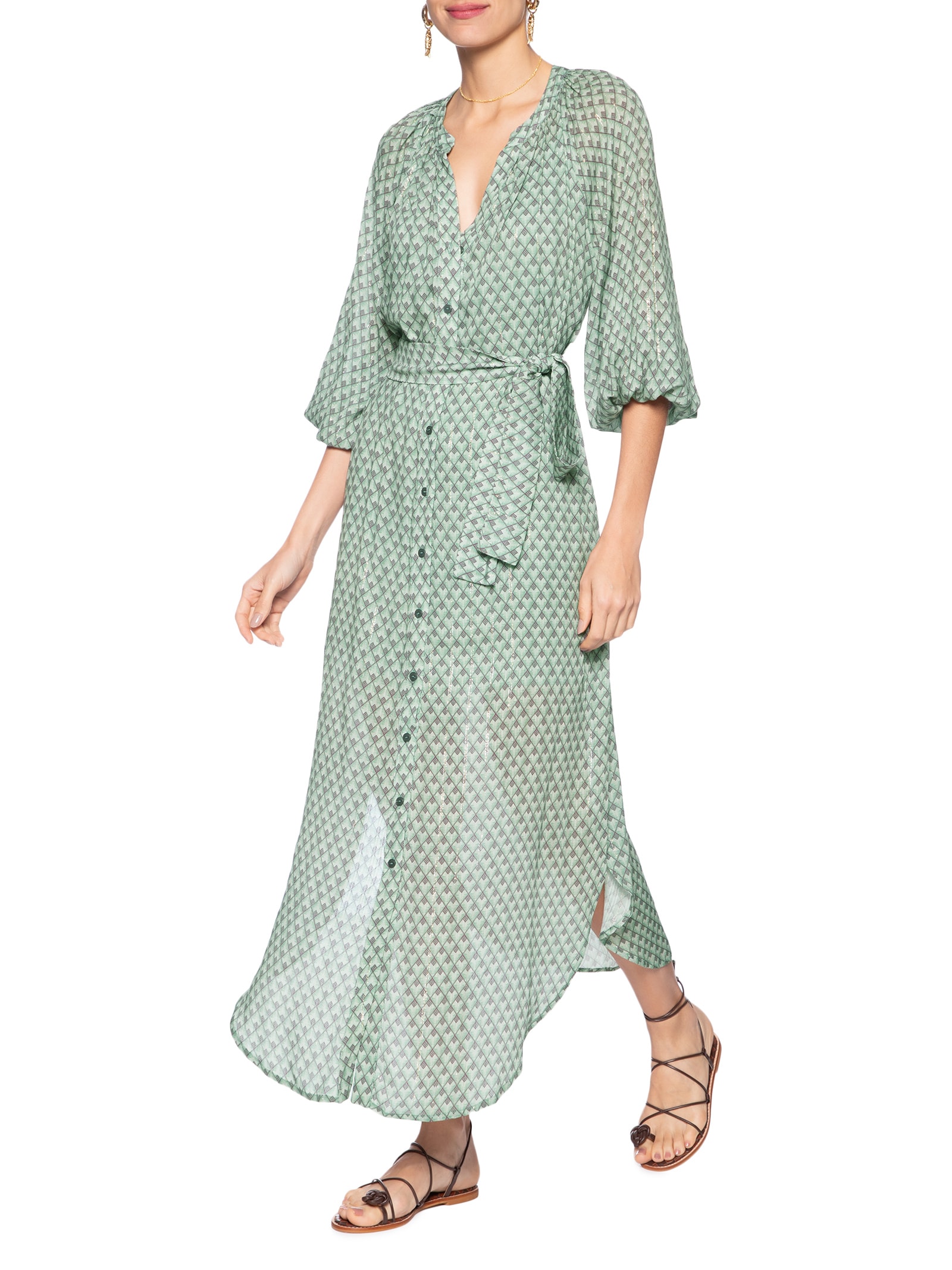 Chemise Midi Faixa Estampa Pacco Verde Maria Filó