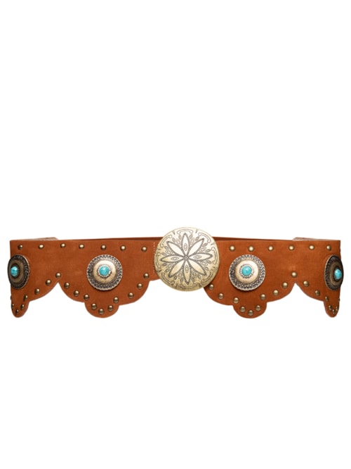 Cinto Feminino Boho Em Couro Com Pedrarias E Detalhes Metálicos – Marrom