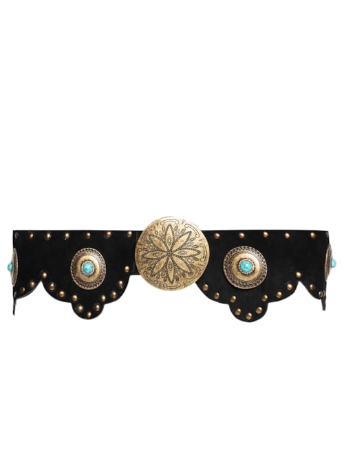 Cinto Feminino Boho Em Couro Com Pedrarias E Detalhes Metálicos – Preto