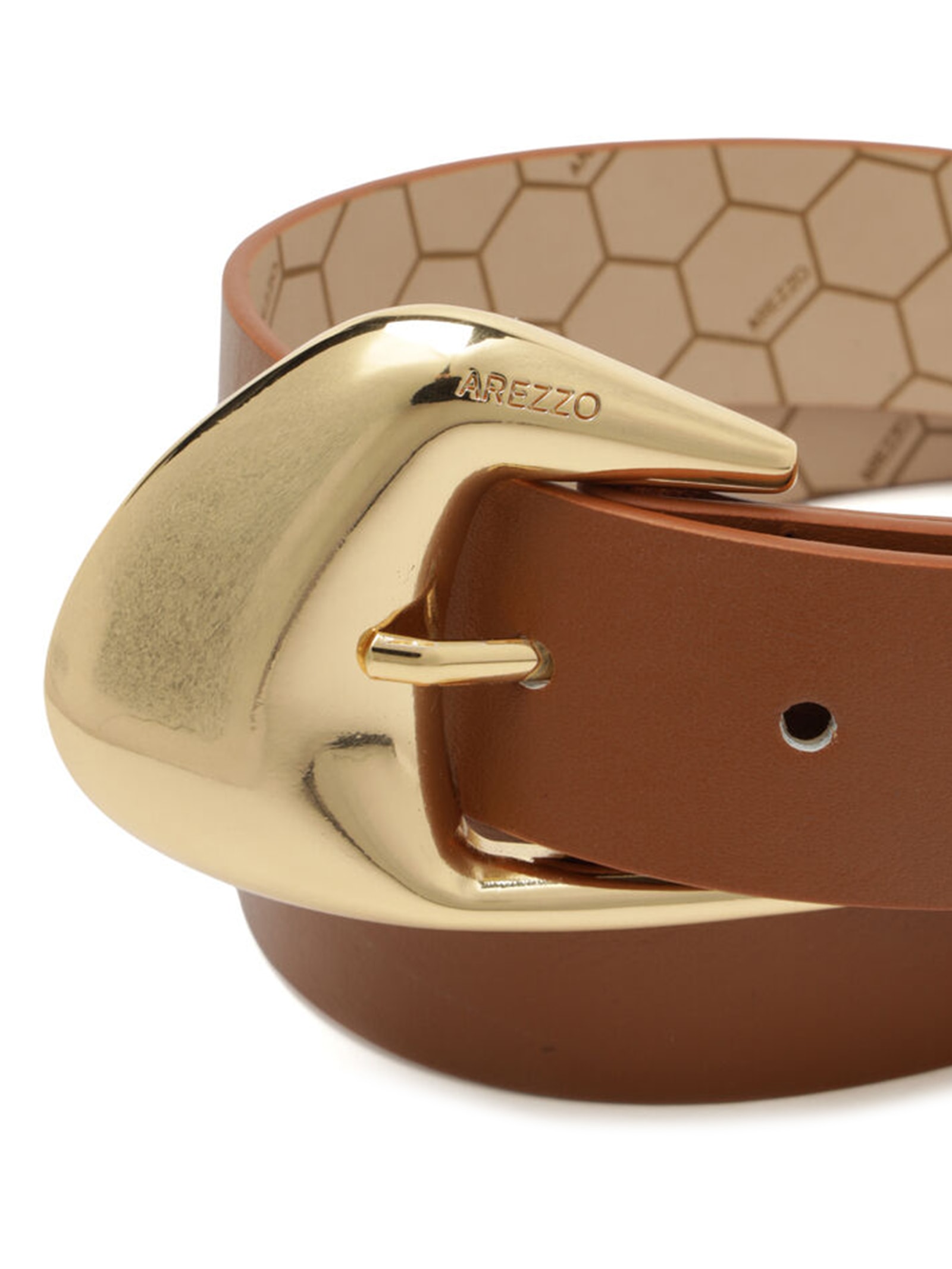 Cinto Feminino Caramelo Couro Largo Fivela Orgânica Dourada Marrom Arezzo