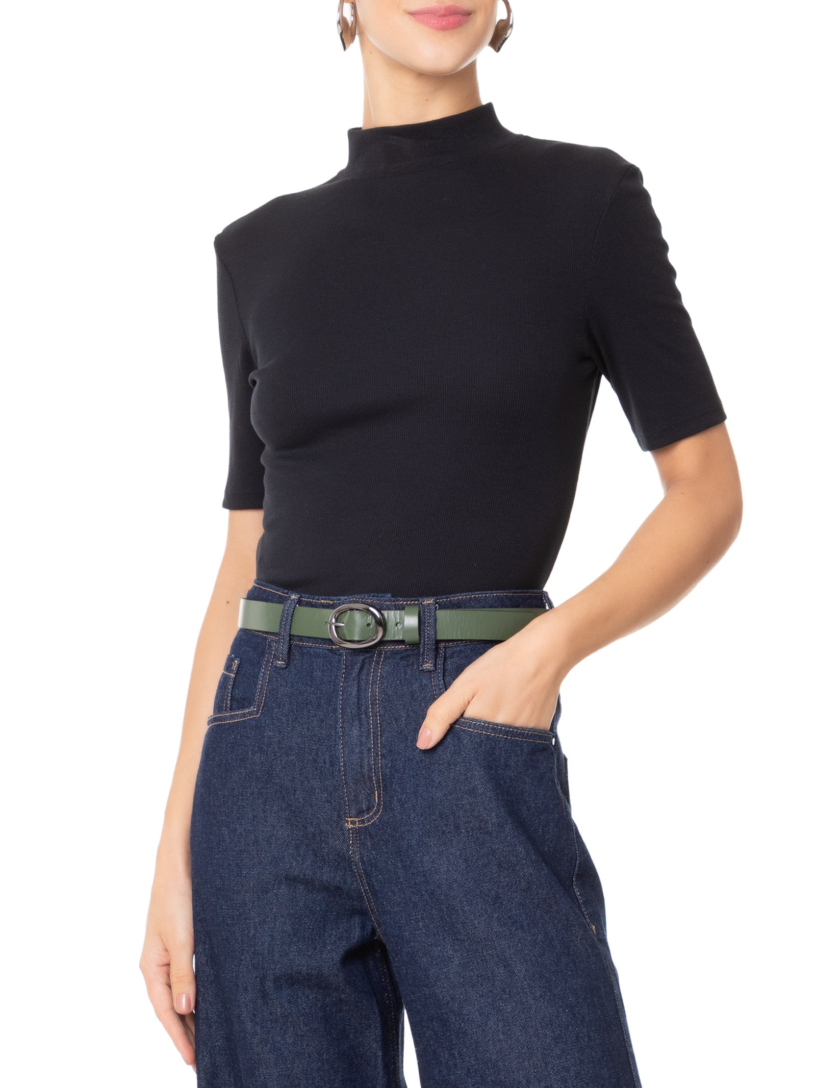 Cinto Feminino com Fivela Oval Metálica Verde Basiq