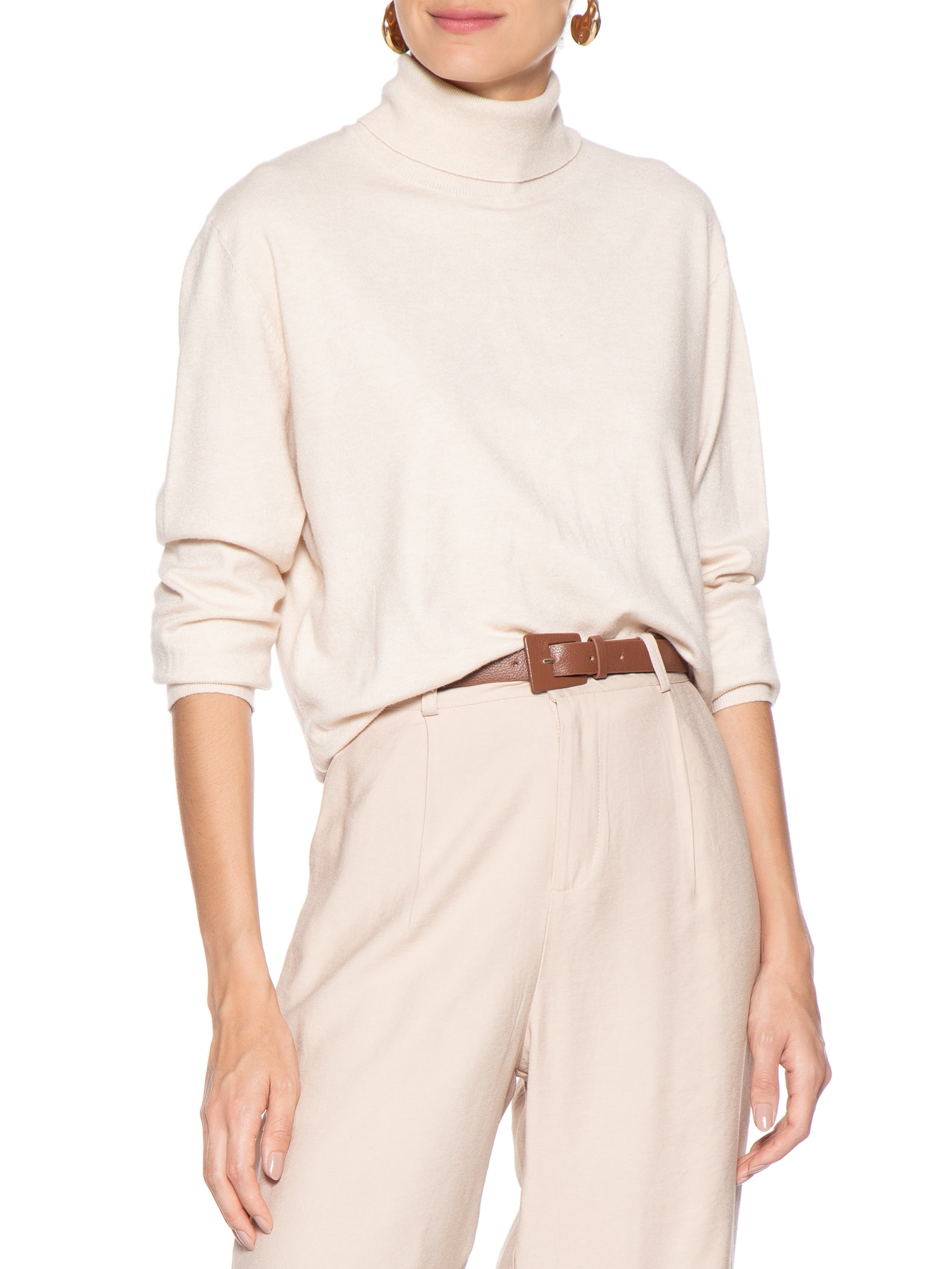 Cinto Feminino Couro Fino Com Fivela Encapada Bege Basiq