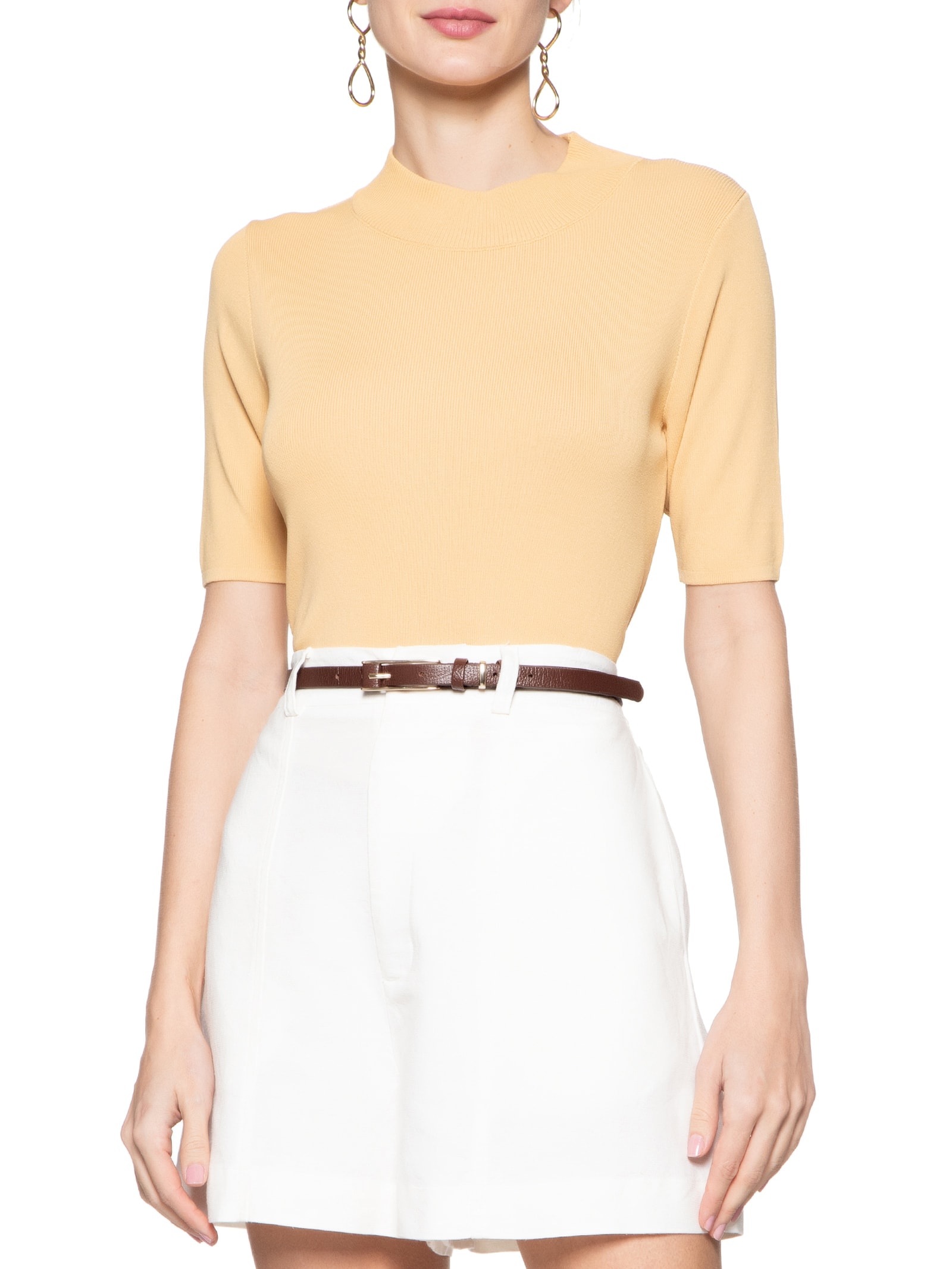 Cinto Feminino Couro Fino com Fivela Retangular Bege Basiq