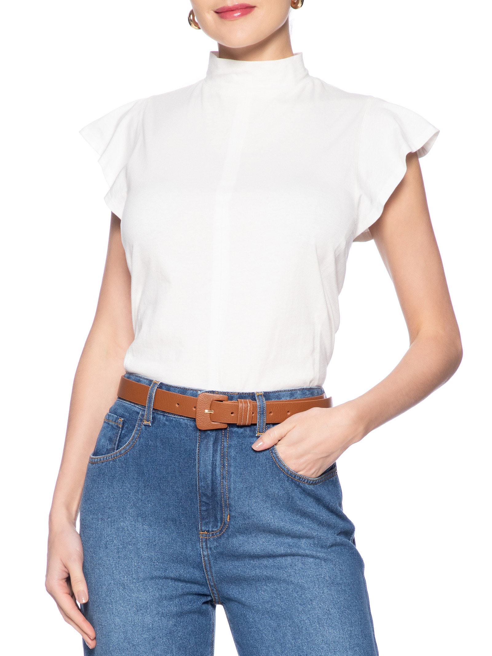 Cinto Feminino Couro Fivela Encapada Bege Basiq