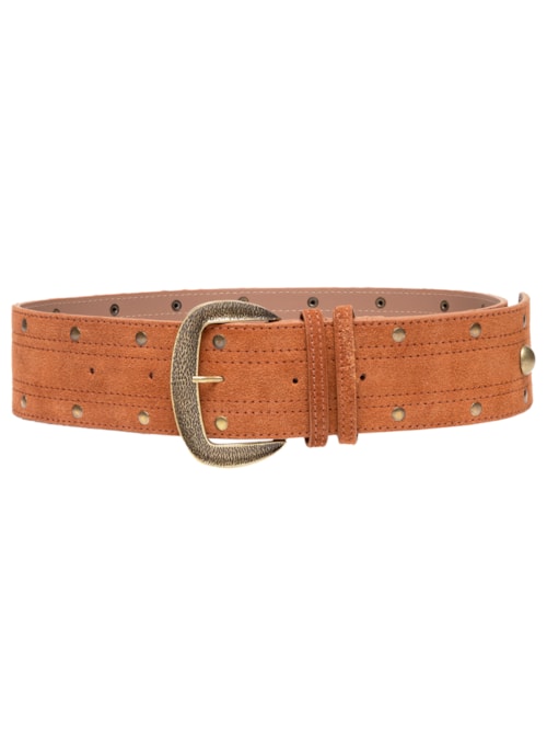 Cinto Feminino Em Couro Camurça Com Apliques Metálicos – Marrom