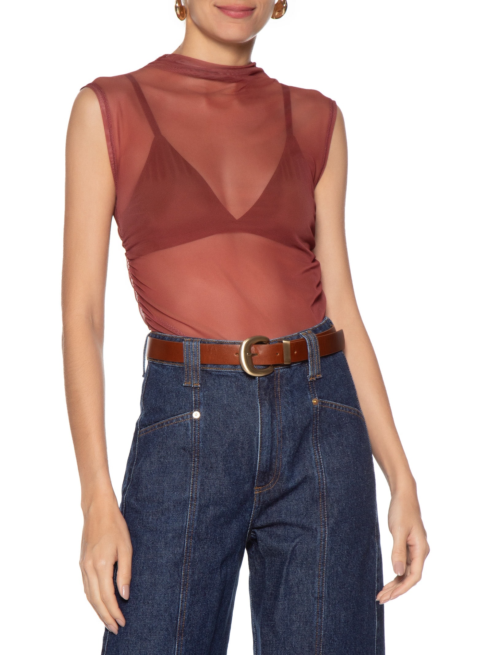 Cinto Feminino Em Couro Com Fivela Escovada Marrom Market 33