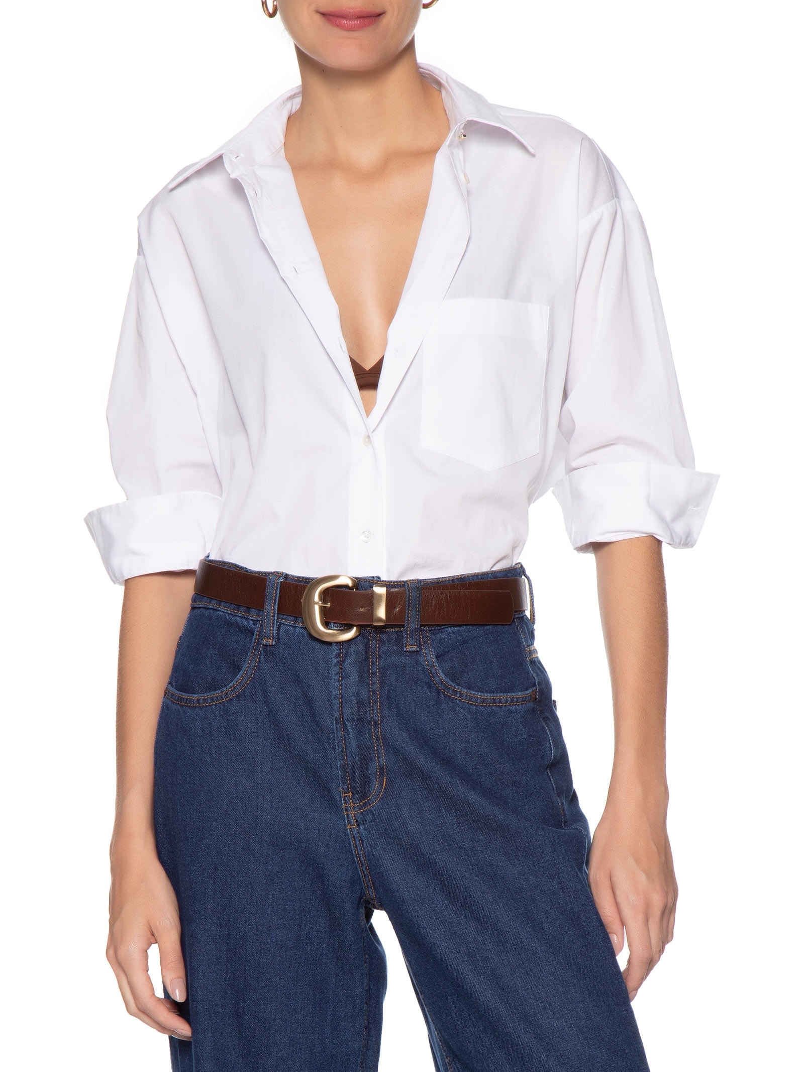 Cinto Feminino Em Couro Com Fivela Escovada Marrom Market 33