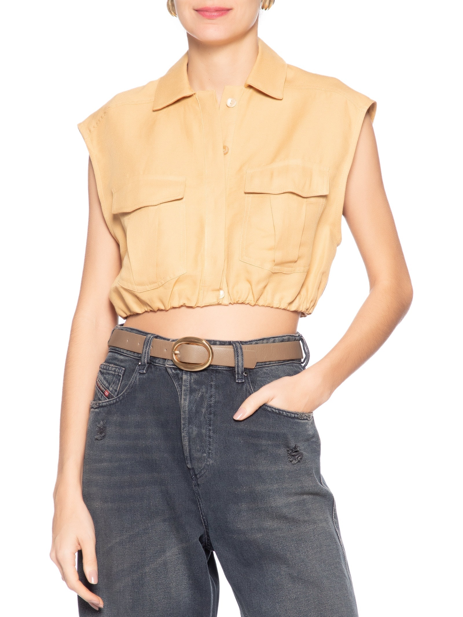 Cinto Feminino em Couro com Fivela Oval – Bege Market 33