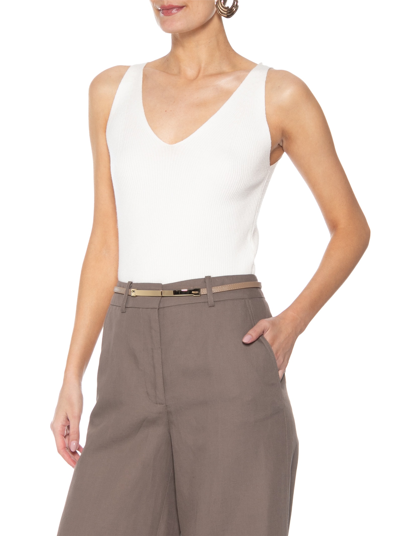 Cinto Feminino Em Couro Com Fivela Retangular – Bege Market 33