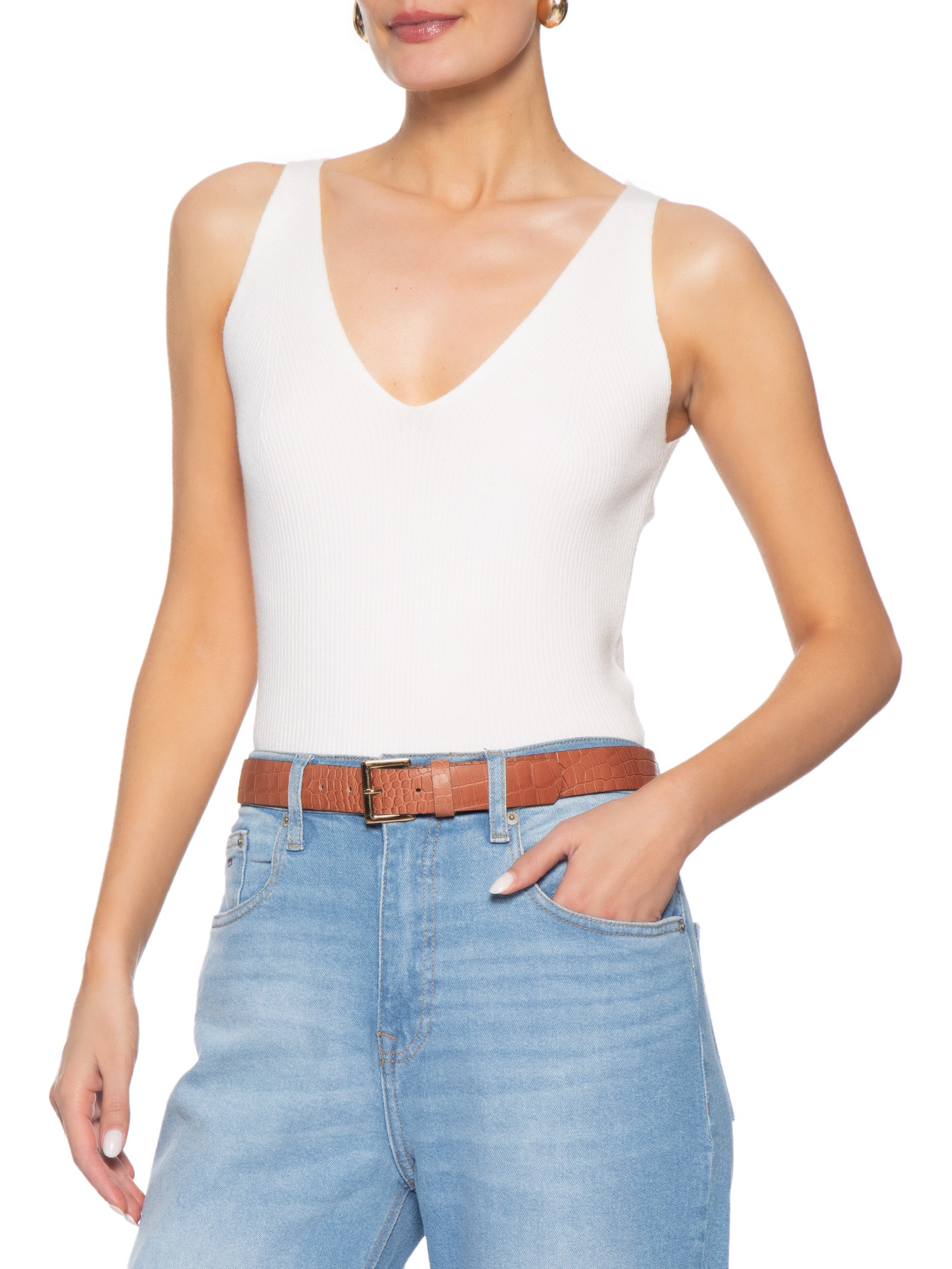 Cinto Feminino em Couro Croco com Fivela Quadrada – Bege Basiq