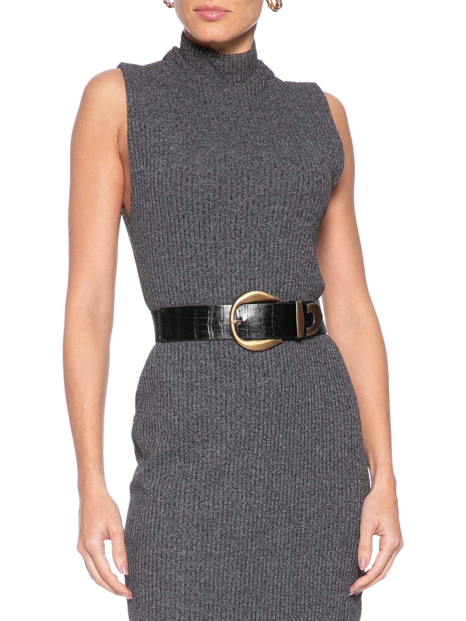 Cinto Feminino Em Couro Croco E Elástico Preto Market 33