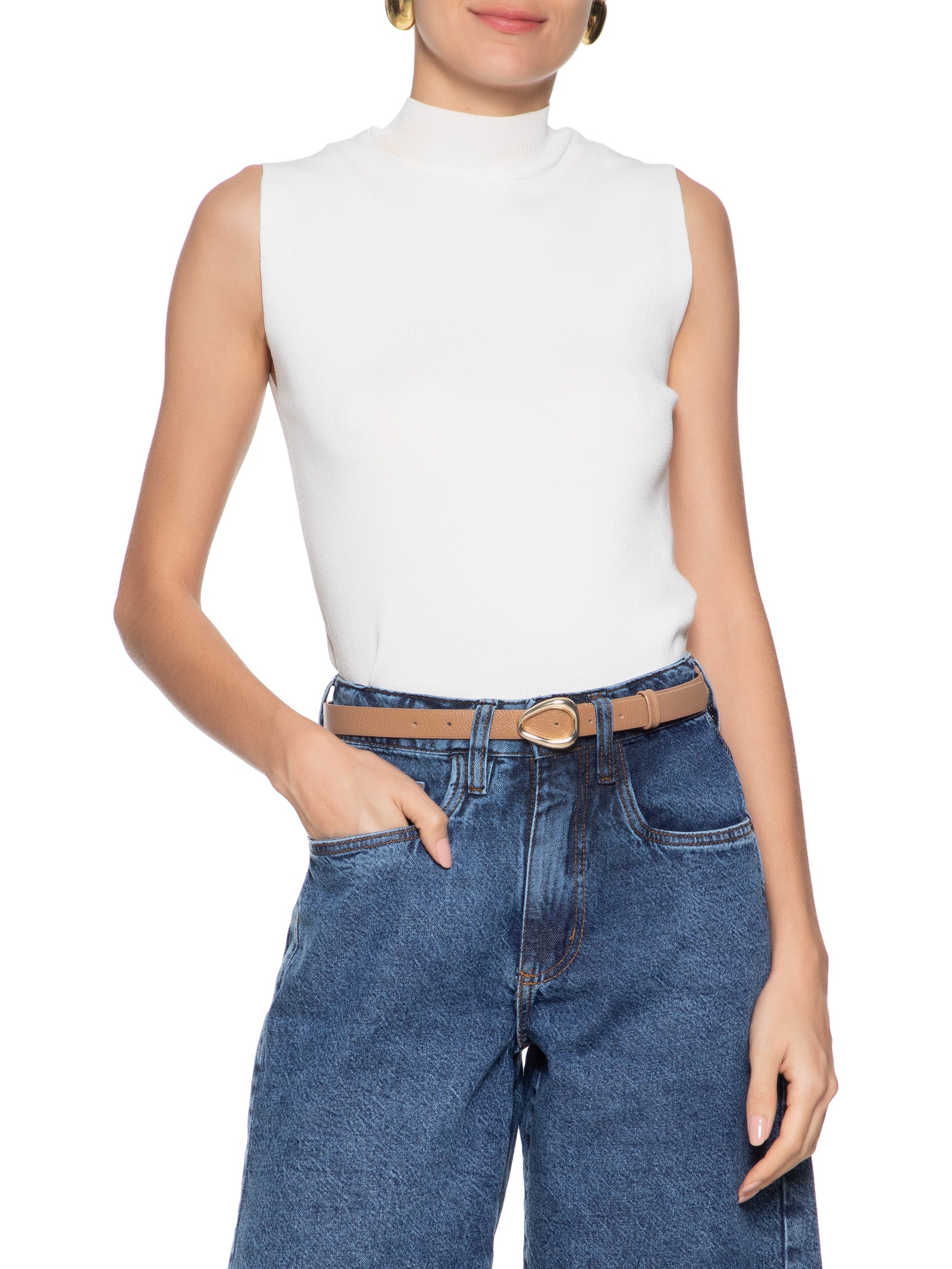 Cinto Feminino em Couro Fivela Dourada Bege Market 33