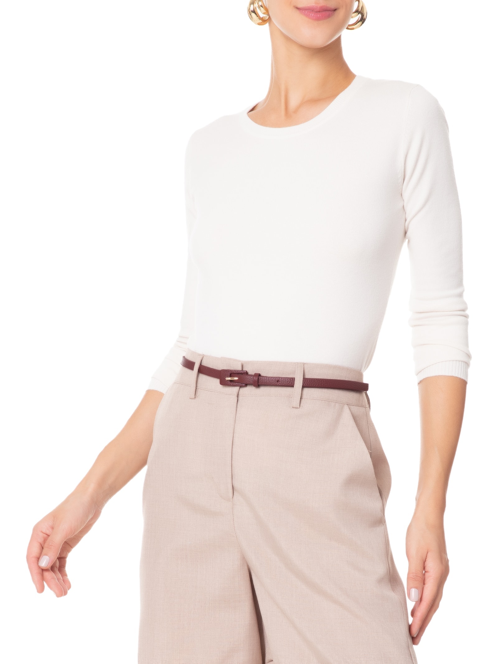 Cinto Feminino Fino De Couro Fivela Encapada Vinho Basiq