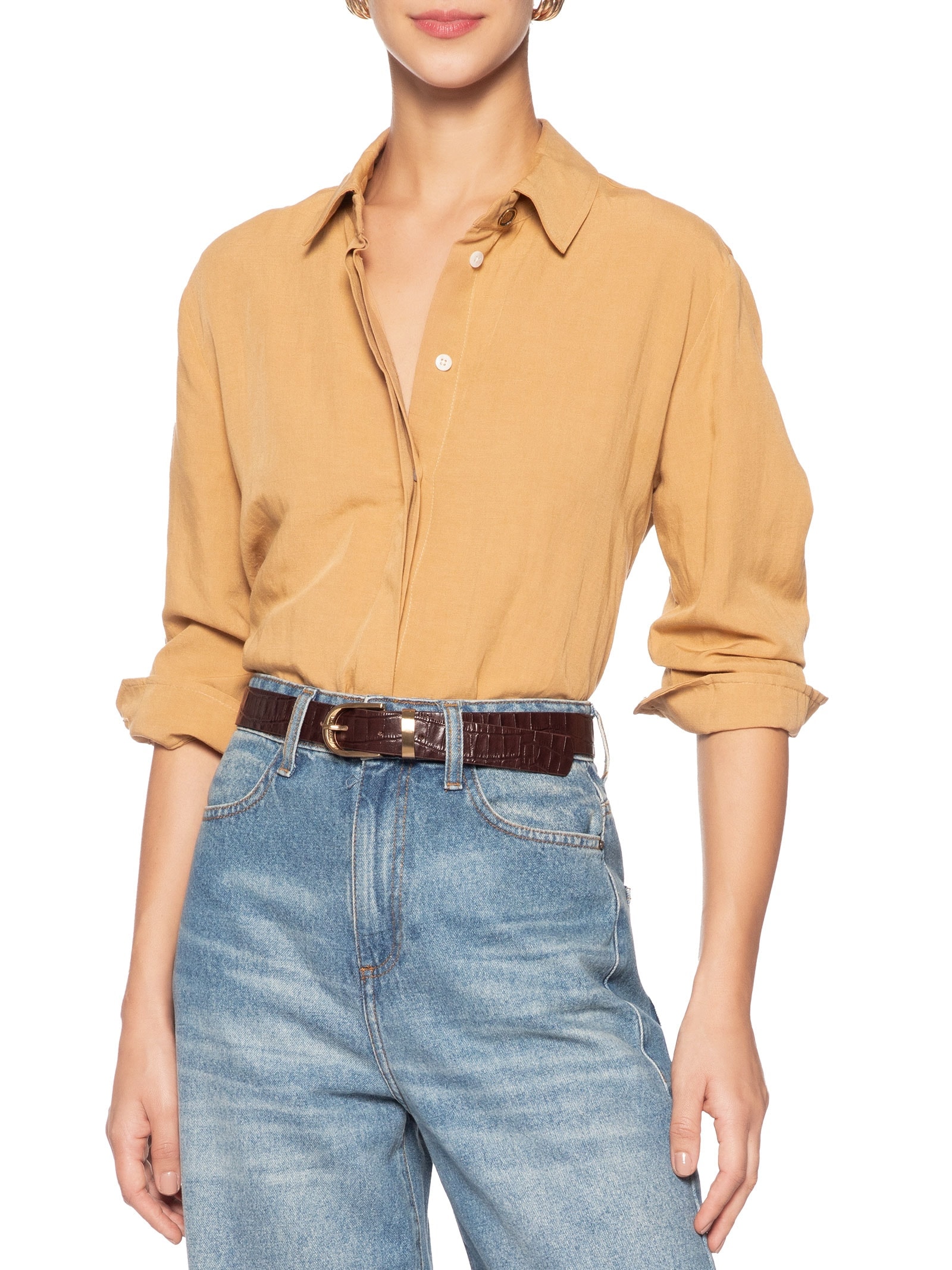 Cinto Feminino Médio Couro Croco Fivela Marrom Basiq