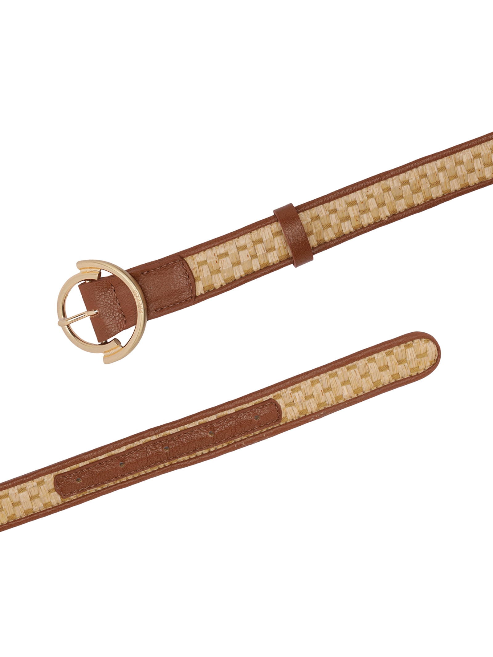 Cinto Feminino Palha Sextavada Couro Fino Fivela Assimétrica Marrom Arezzo