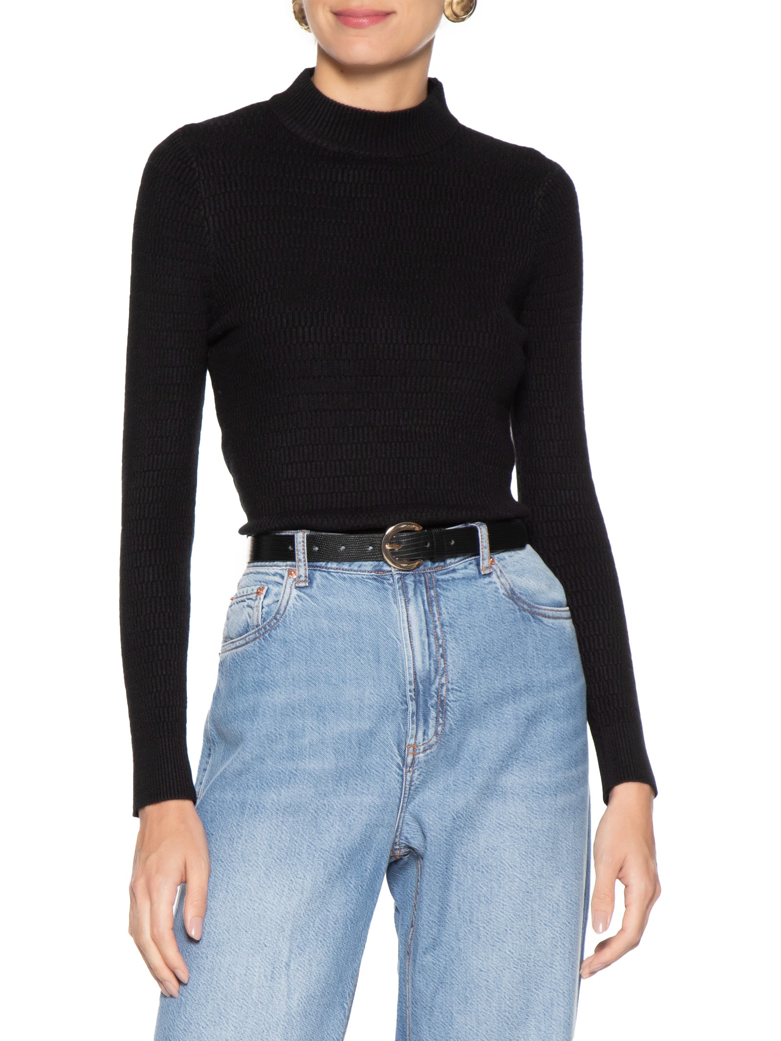 Cinto Feminino Texturizado Com Fivela Redonda Metálica Preto Basiq