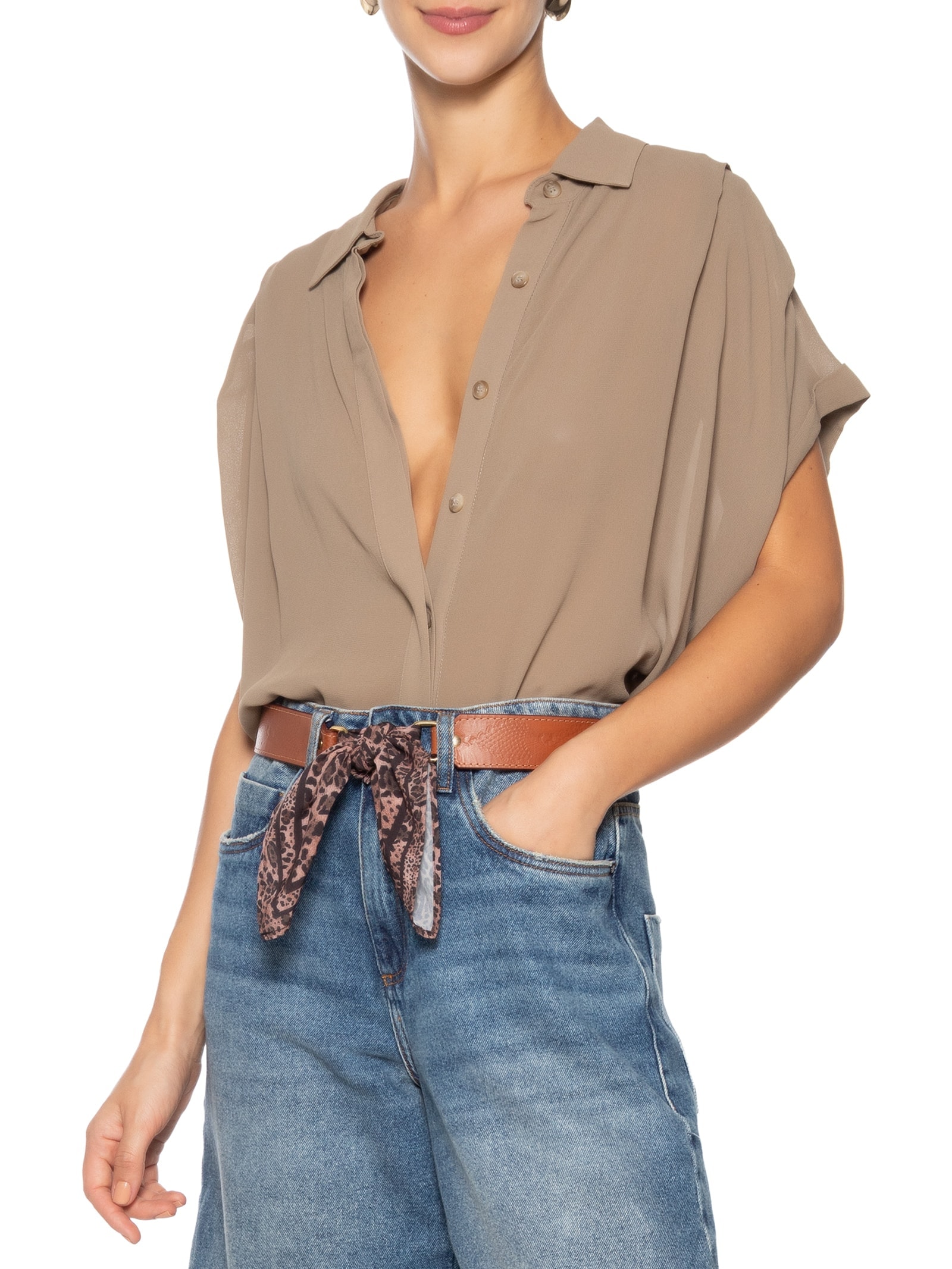 Cinto Feminino Texturizado Em Couro + 2 Lenços Marrom '2Essential