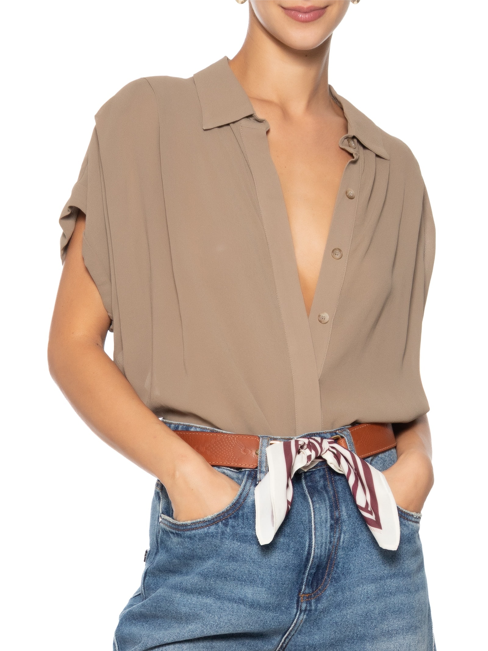 Cinto Feminino Texturizado Em Couro + 2 Lenços Marrom '2Essential