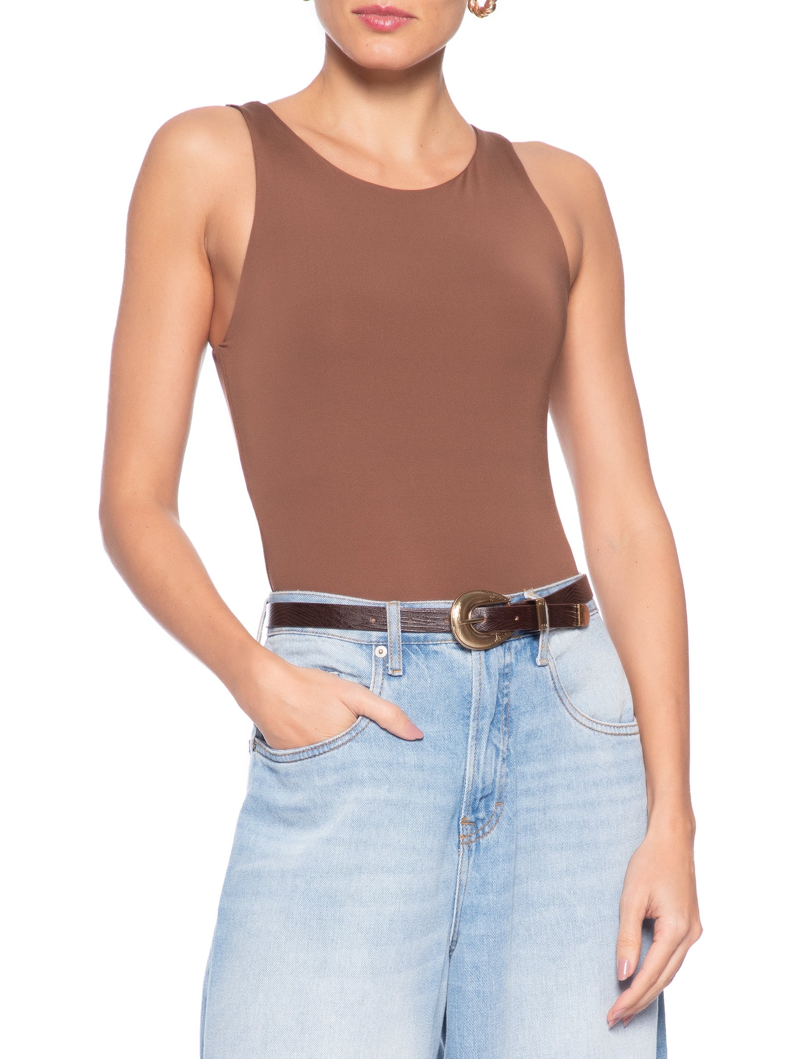 Cinto Feminino Texturizado Em Couro Com Fivela Maxi Marrom Market 33