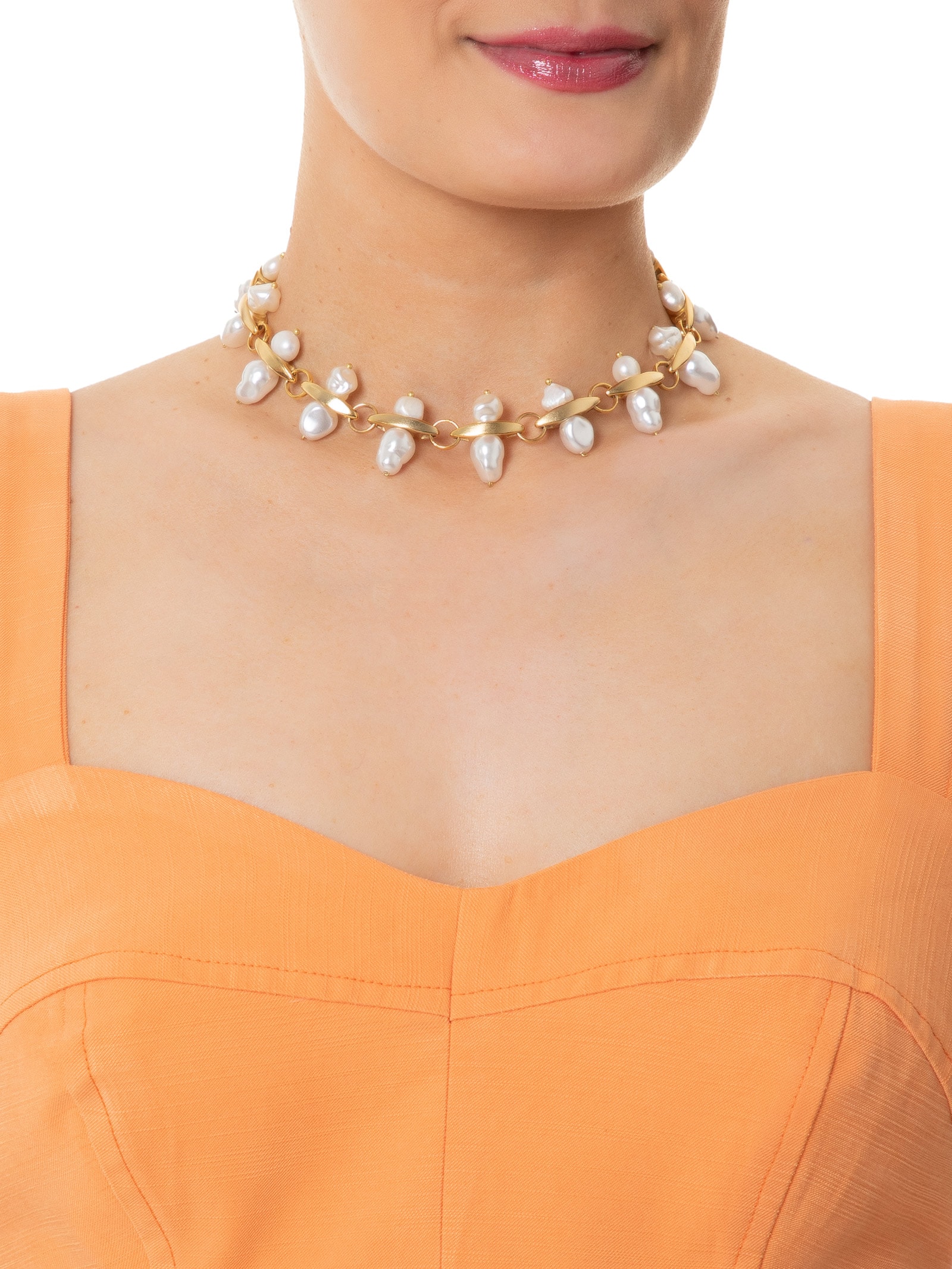 Colar Feminino Choker de Pérolas Dourado Animale