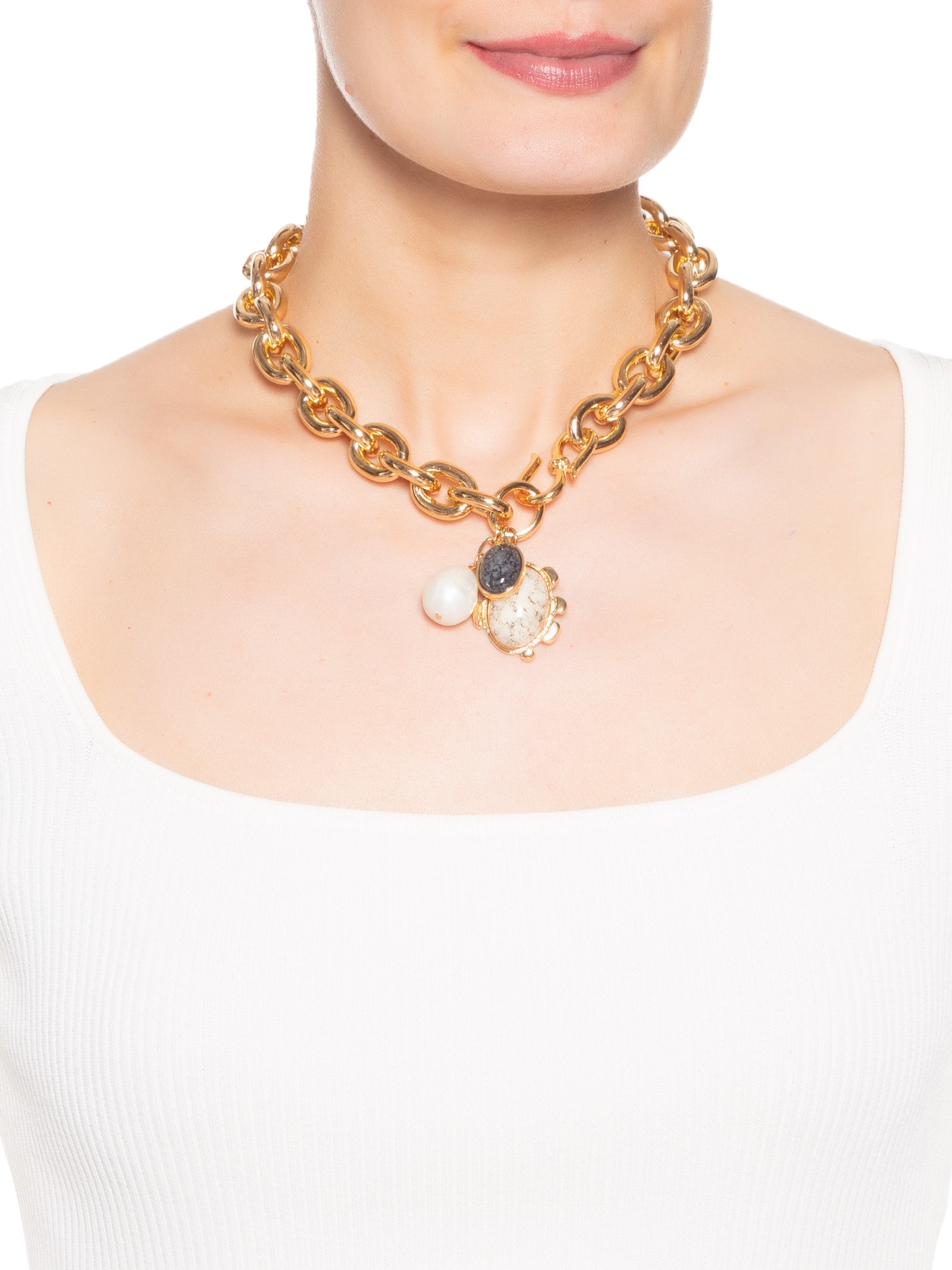 Colar Feminino Maxi Corrente Com Pingentes Dourado '2Essential