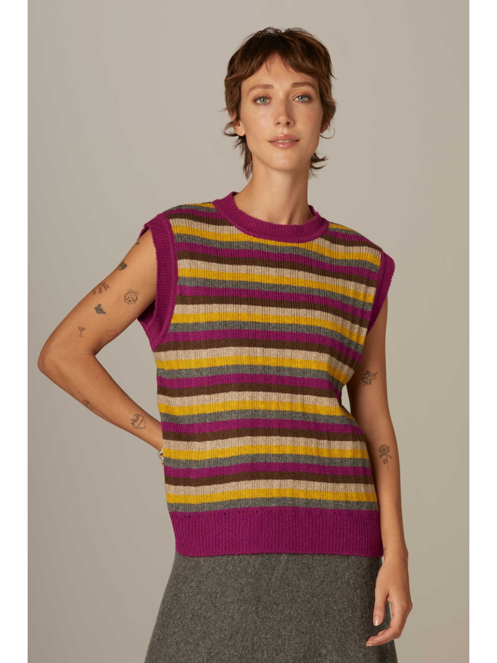 Colete Canelado Listrado Tricot Mira Yogini