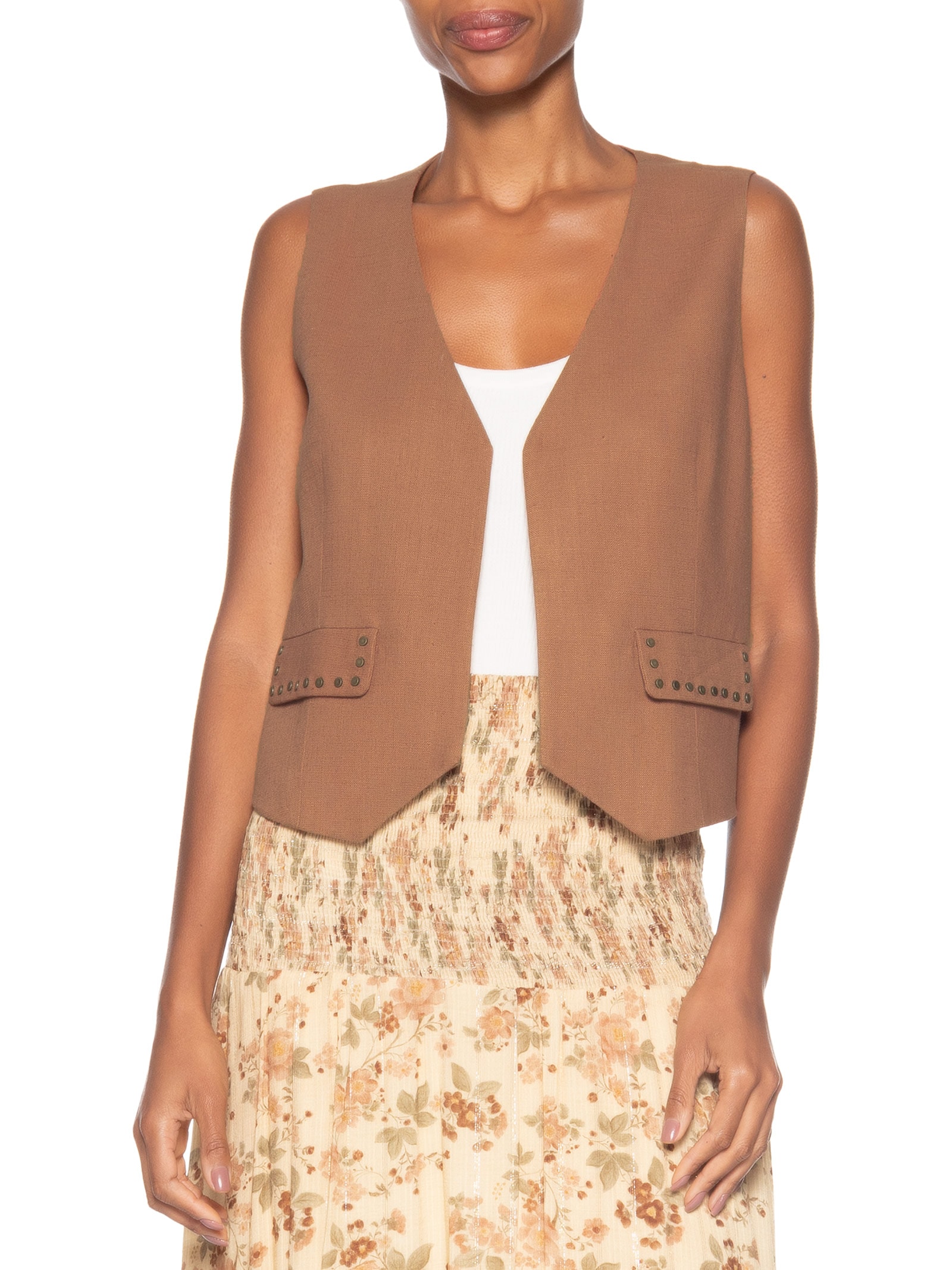 Colete Feminino Alfaiataria Bolso Chaton Marrom Maria Filó