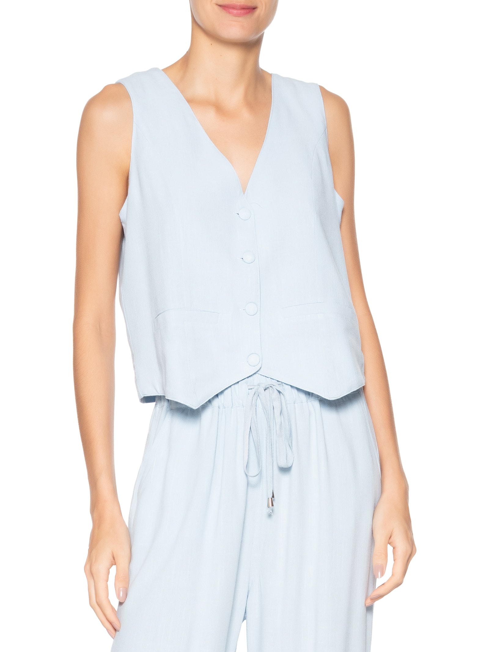 Colete Feminino Alfaiataria Com Linho Azul Basiq