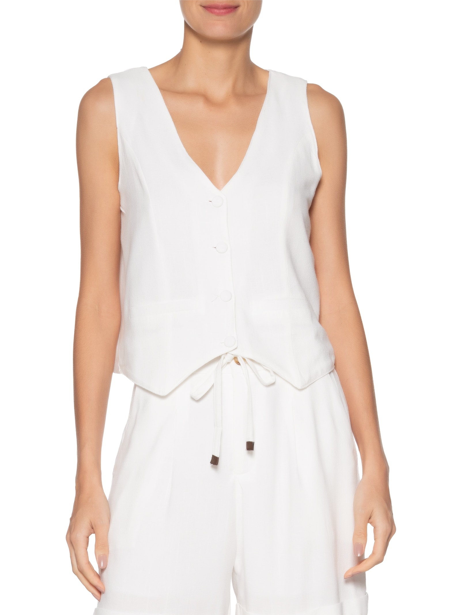 Colete Feminino Alfaiataria Com Linho Branco Basiq