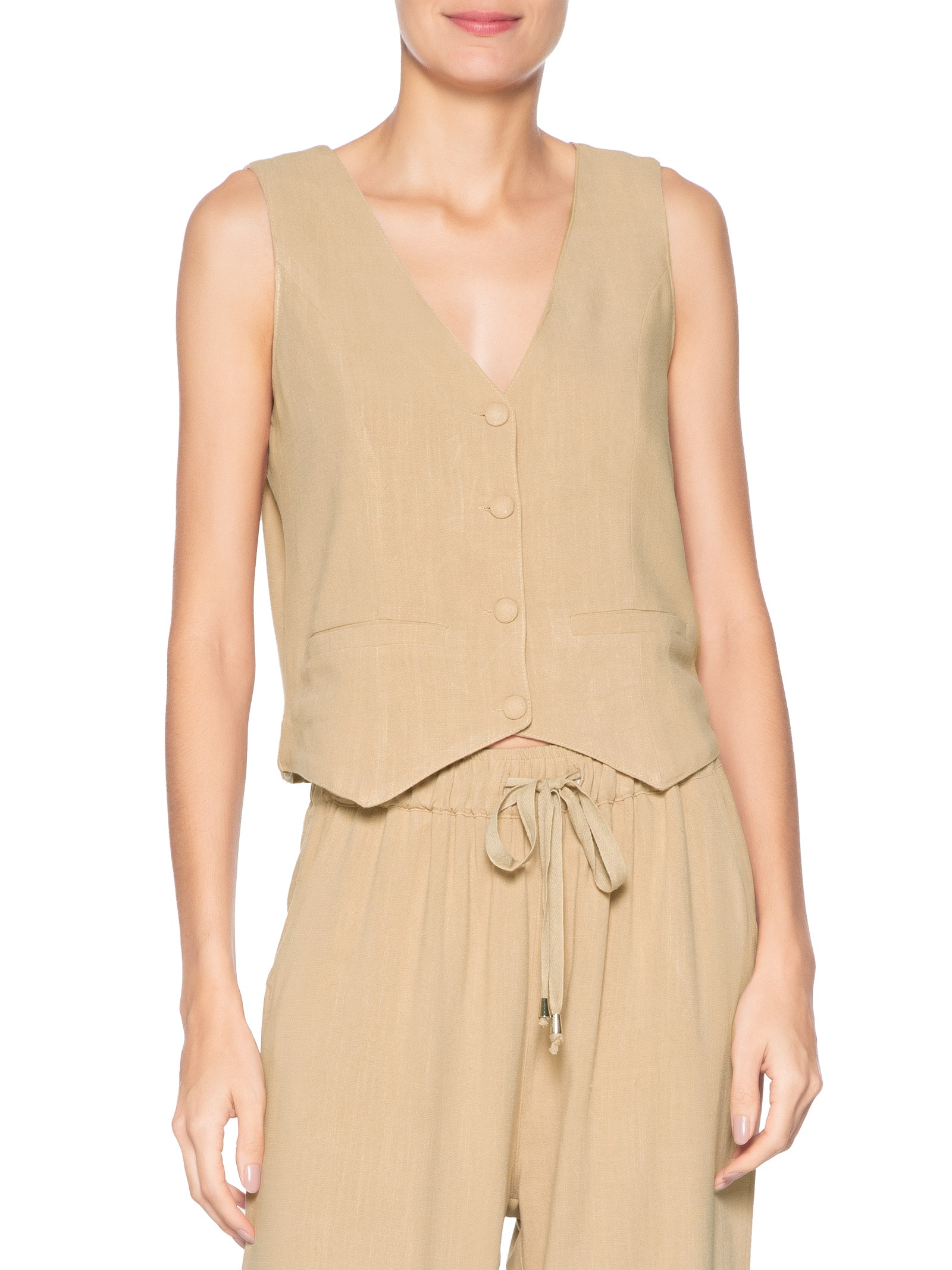 Colete Feminino Alfaiataria Com Linho Marrom Basiq