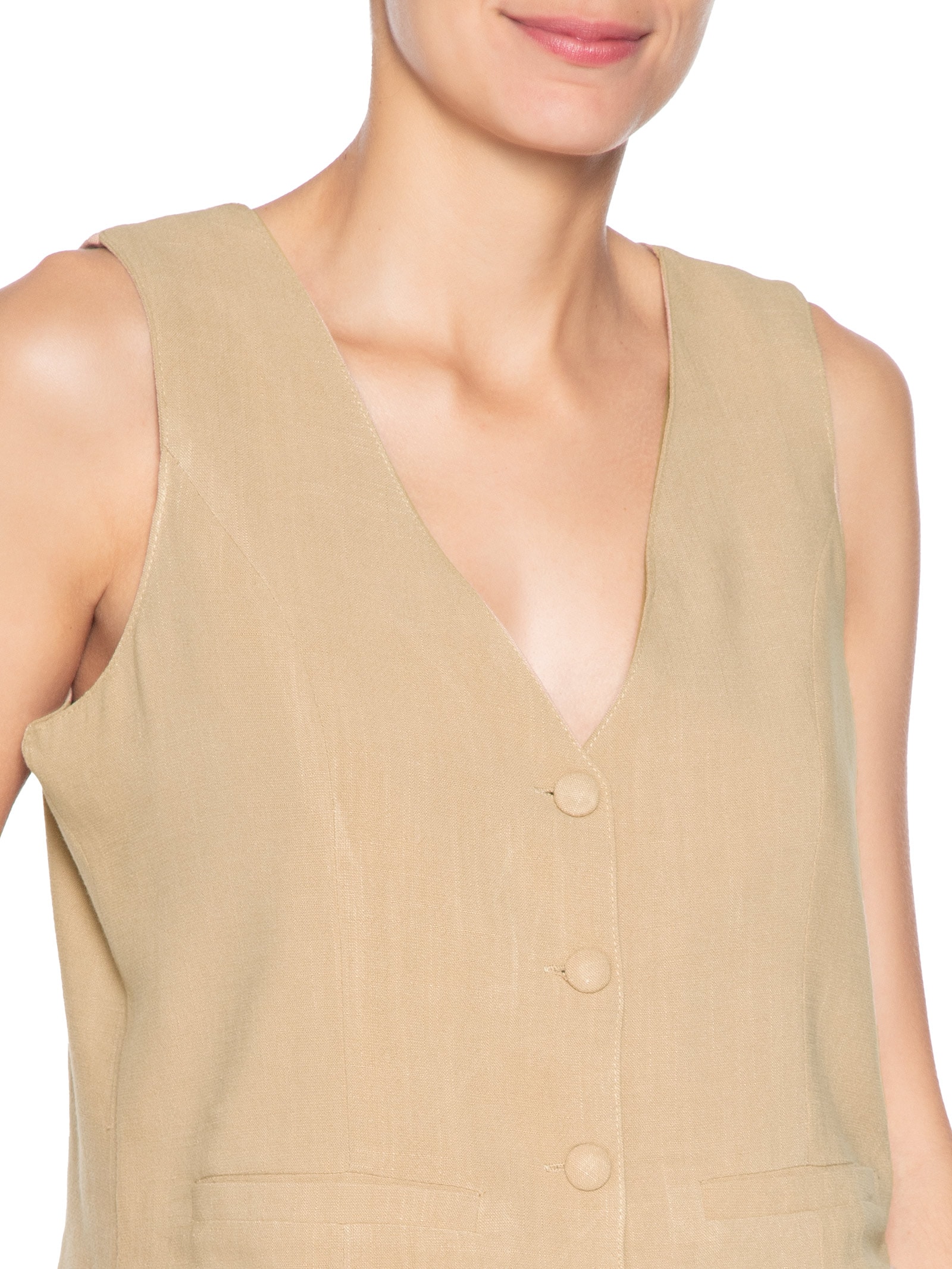 Colete Feminino Alfaiataria Com Linho Marrom Basiq