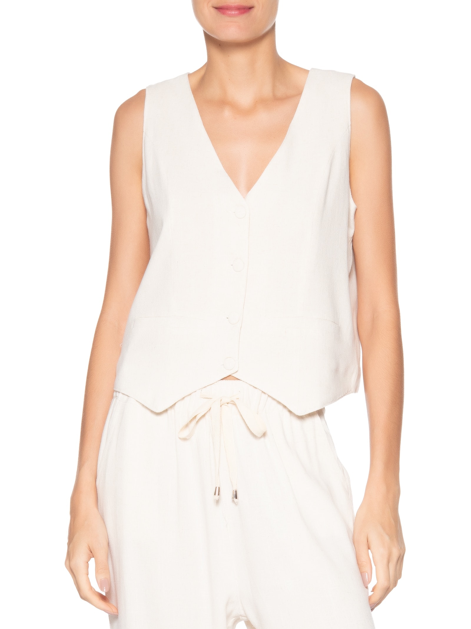 Colete Feminino Alfaiataria Com Linho Off White Basiq