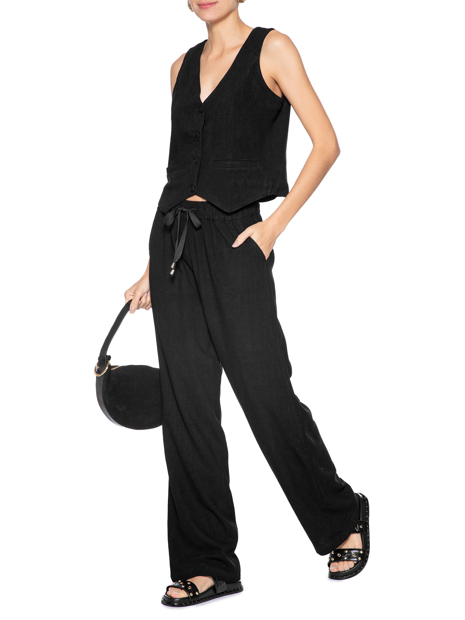 Colete Feminino Alfaiataria Com Linho Preto Basiq