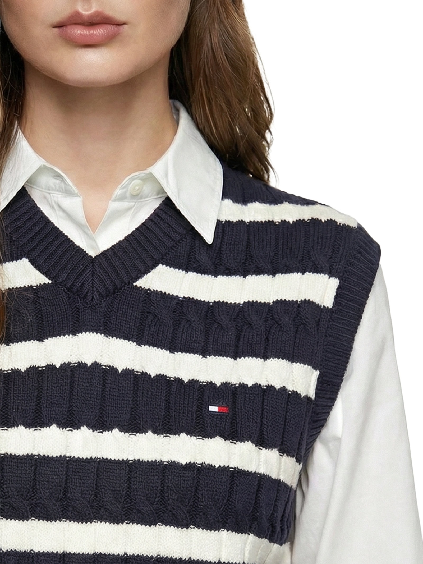 Colete Feminino Co Cable Mid V-Neck Vest Azul Tommy Hilfiger