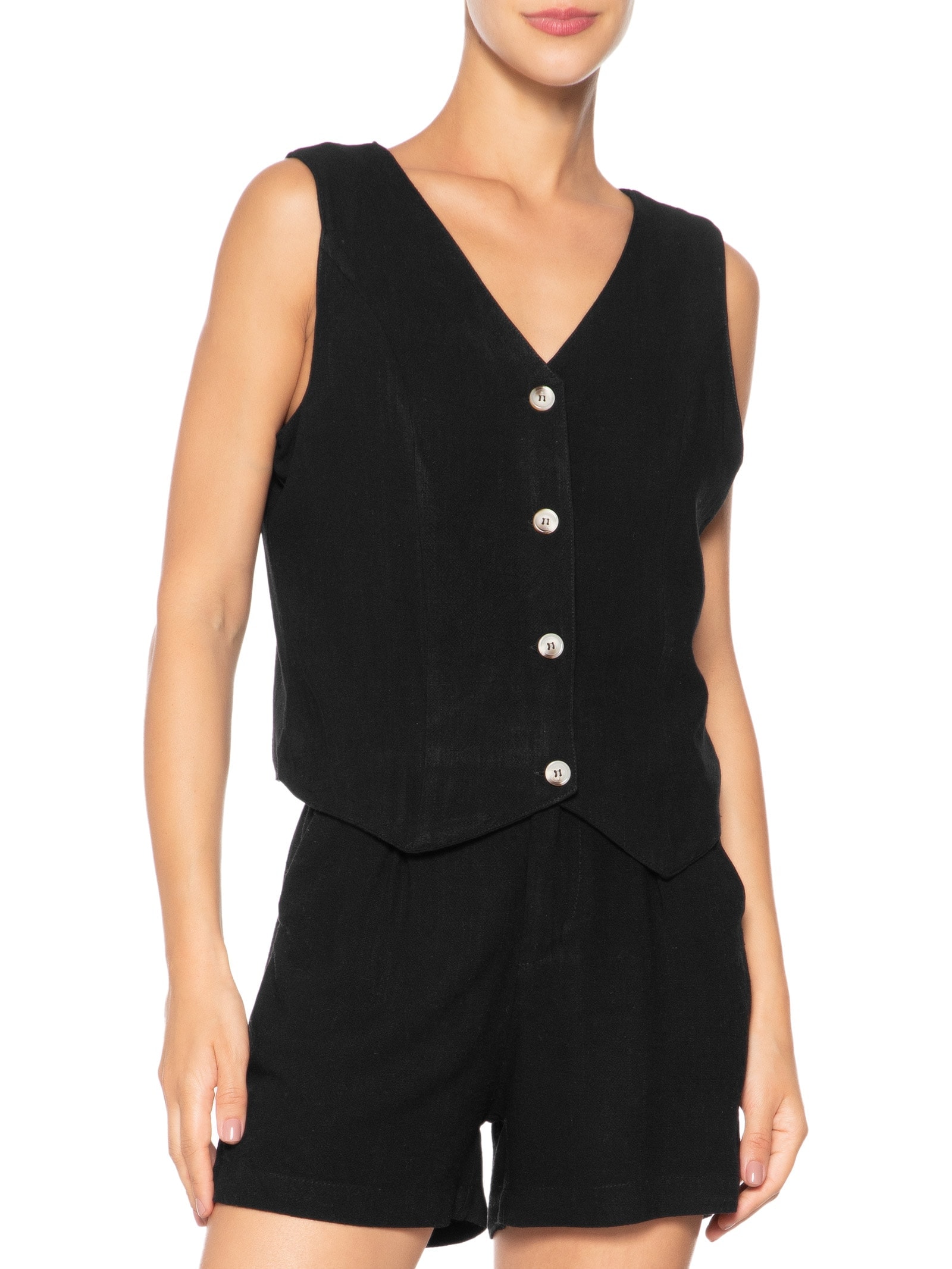 Colete Feminino Com Linho Forrado Preto Basiq