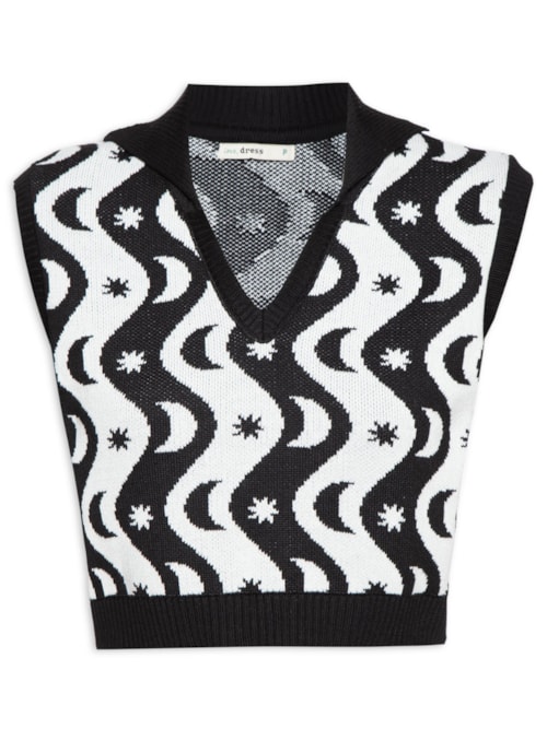 Colete Feminino Cropped Tricot Estampa Alquimia – Preto