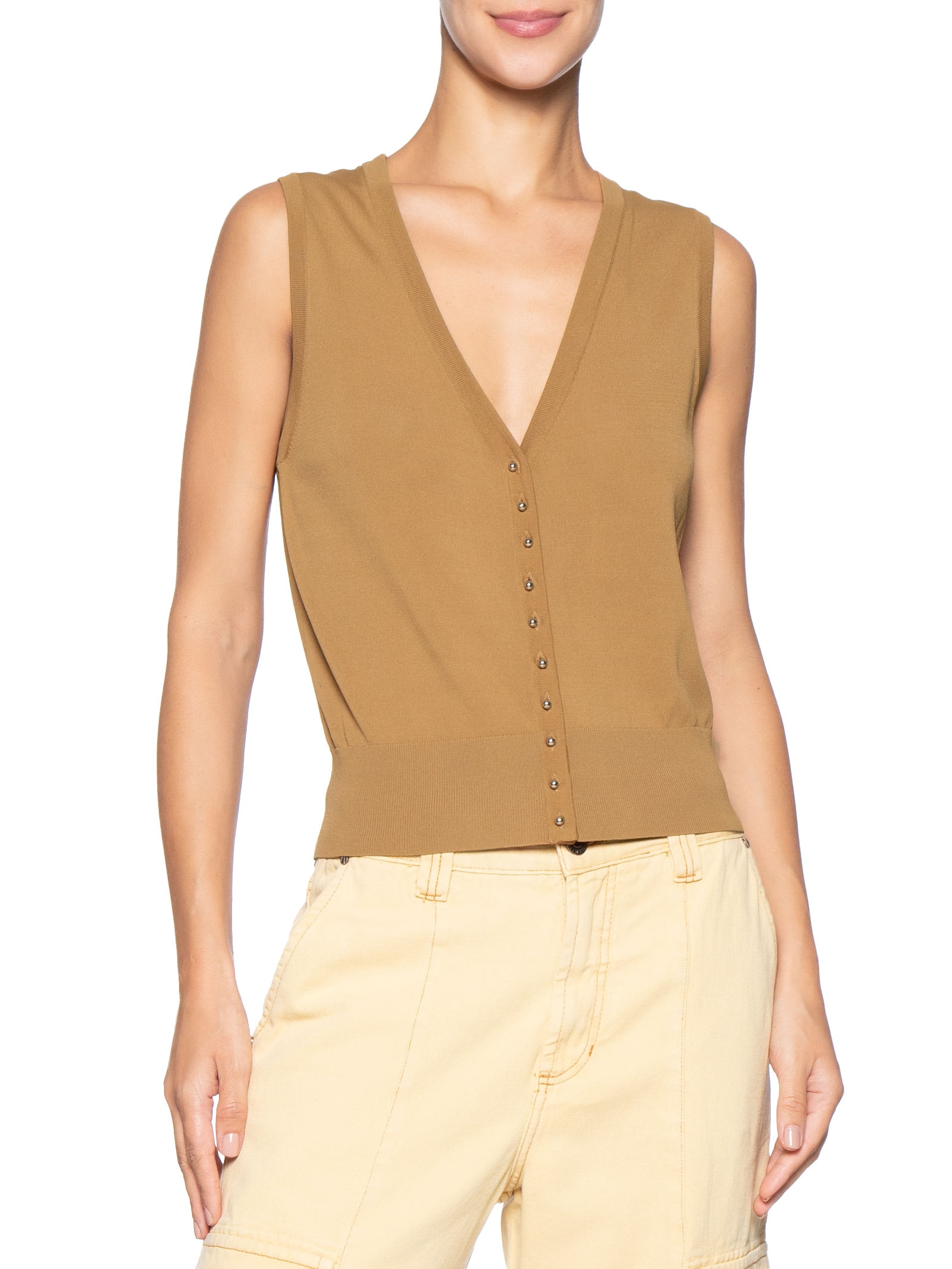 Colete Feminino de Tricot Com Botão de Metal – Marrom Animale Jeans