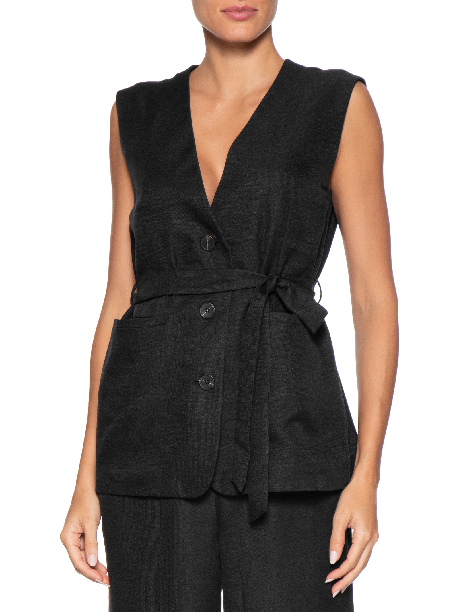 Colete Feminino Decote V Com Faixa Preto Basiq