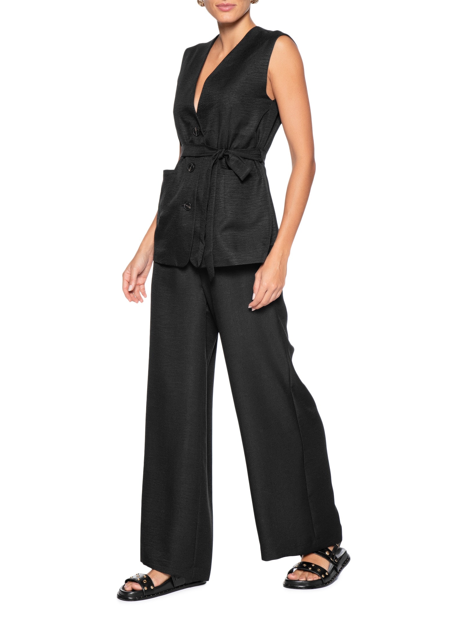 Colete Feminino Decote V Com Faixa Preto Basiq