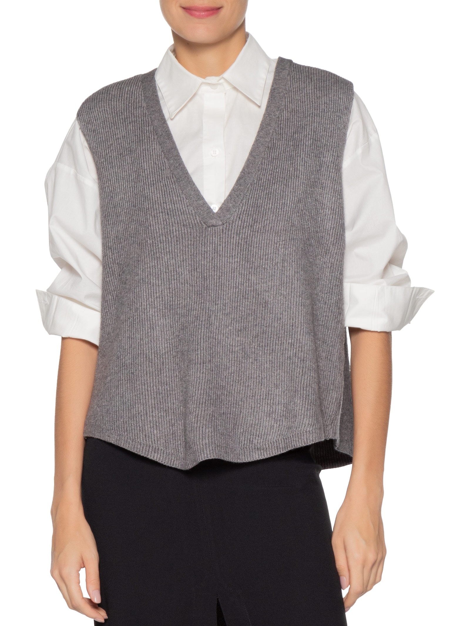 Colete Feminino Decote V Em Tricot Cinza '2Essential