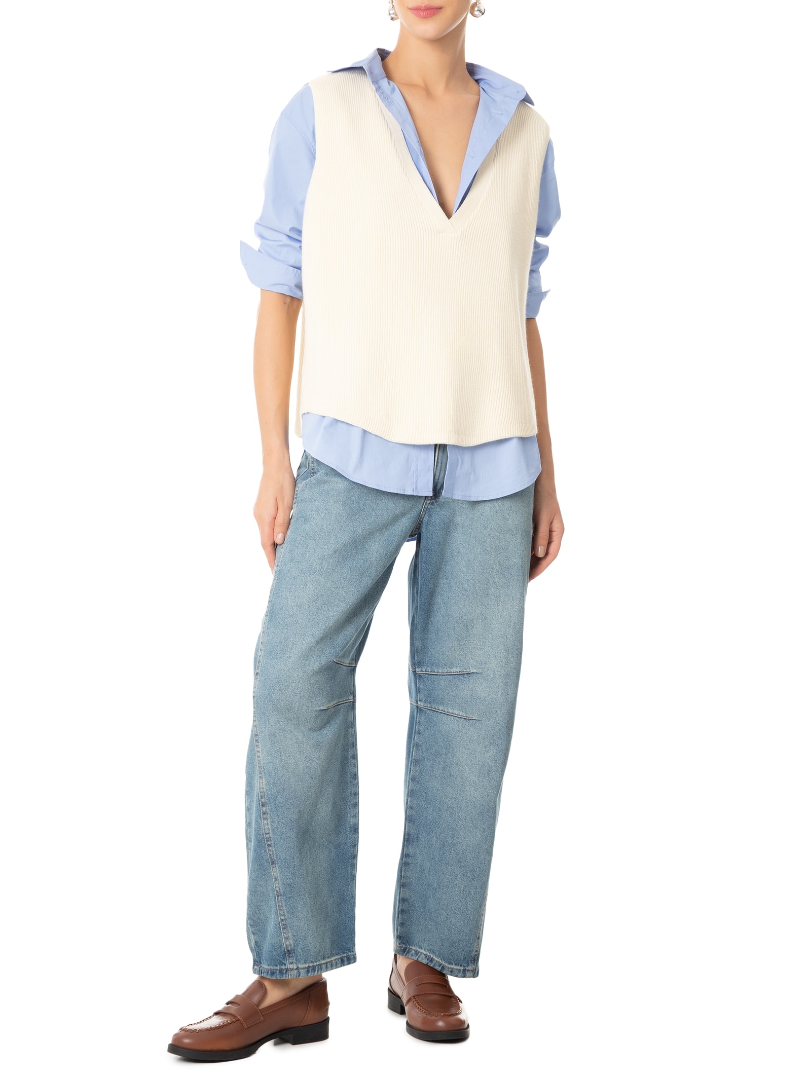 Colete Feminino Decote V Em Tricot Marrom '2Essential