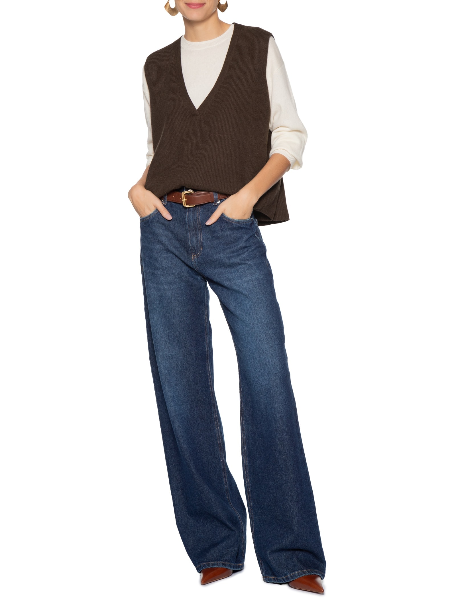 Colete Feminino Decote V Em Tricot Marrom '2Essential